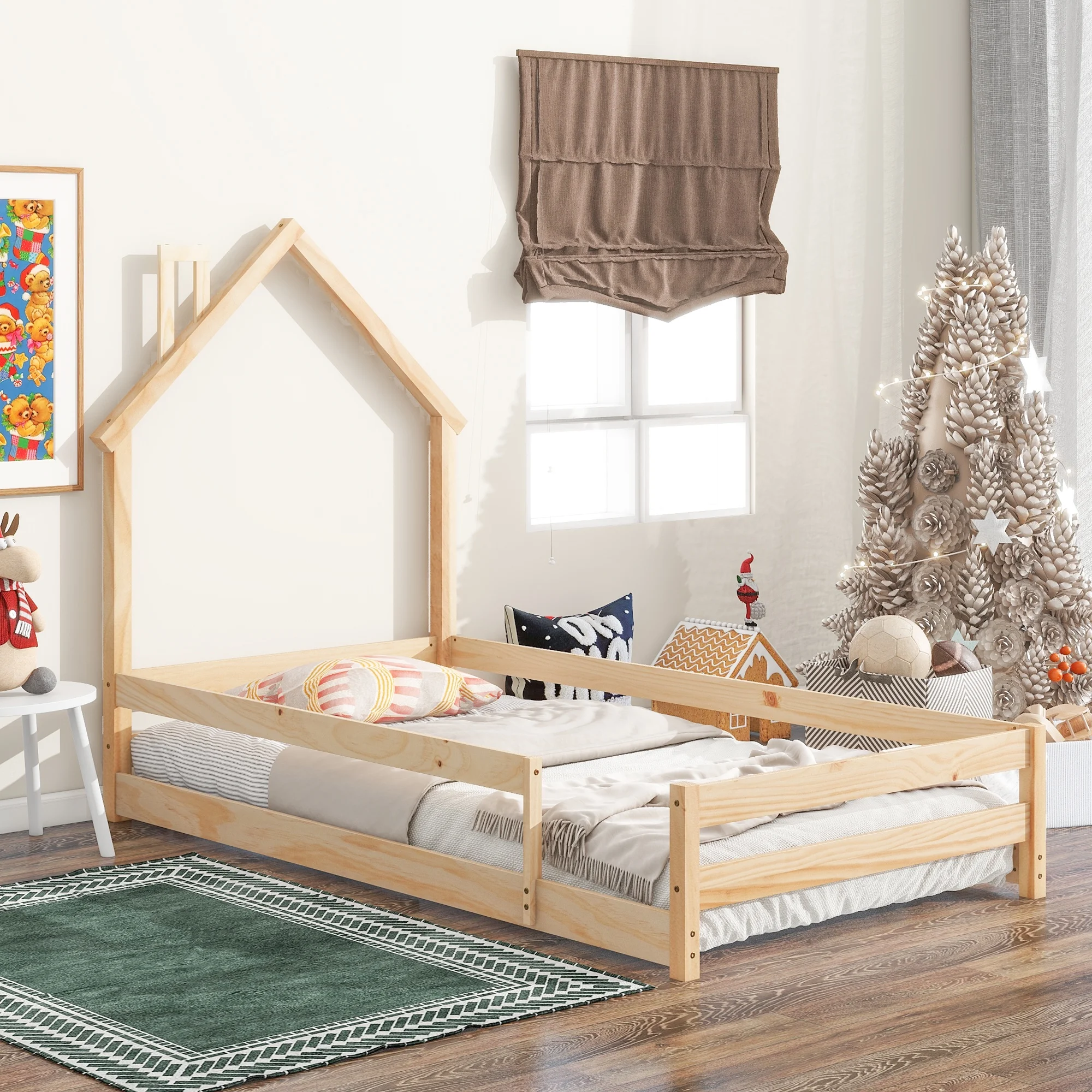 CoSoTower Twin Size Wood Bed with House-Shaped Headboard Floor Bed with Fences,Natural