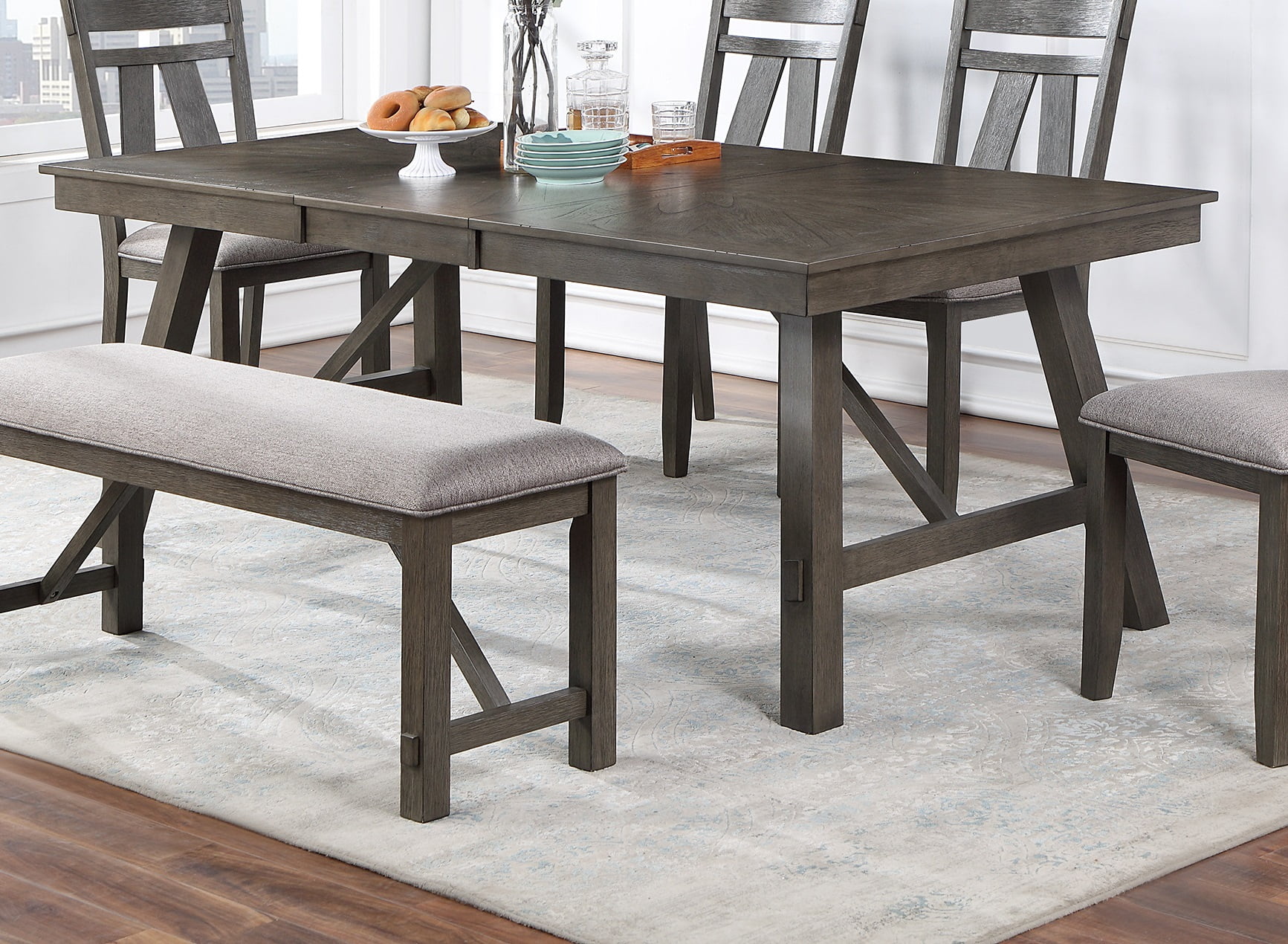 Dining Room Furniture Dining Table Rich Dark Brown Finish Table w Grey Wooden Top 1pc Rectangular Table with Leaf