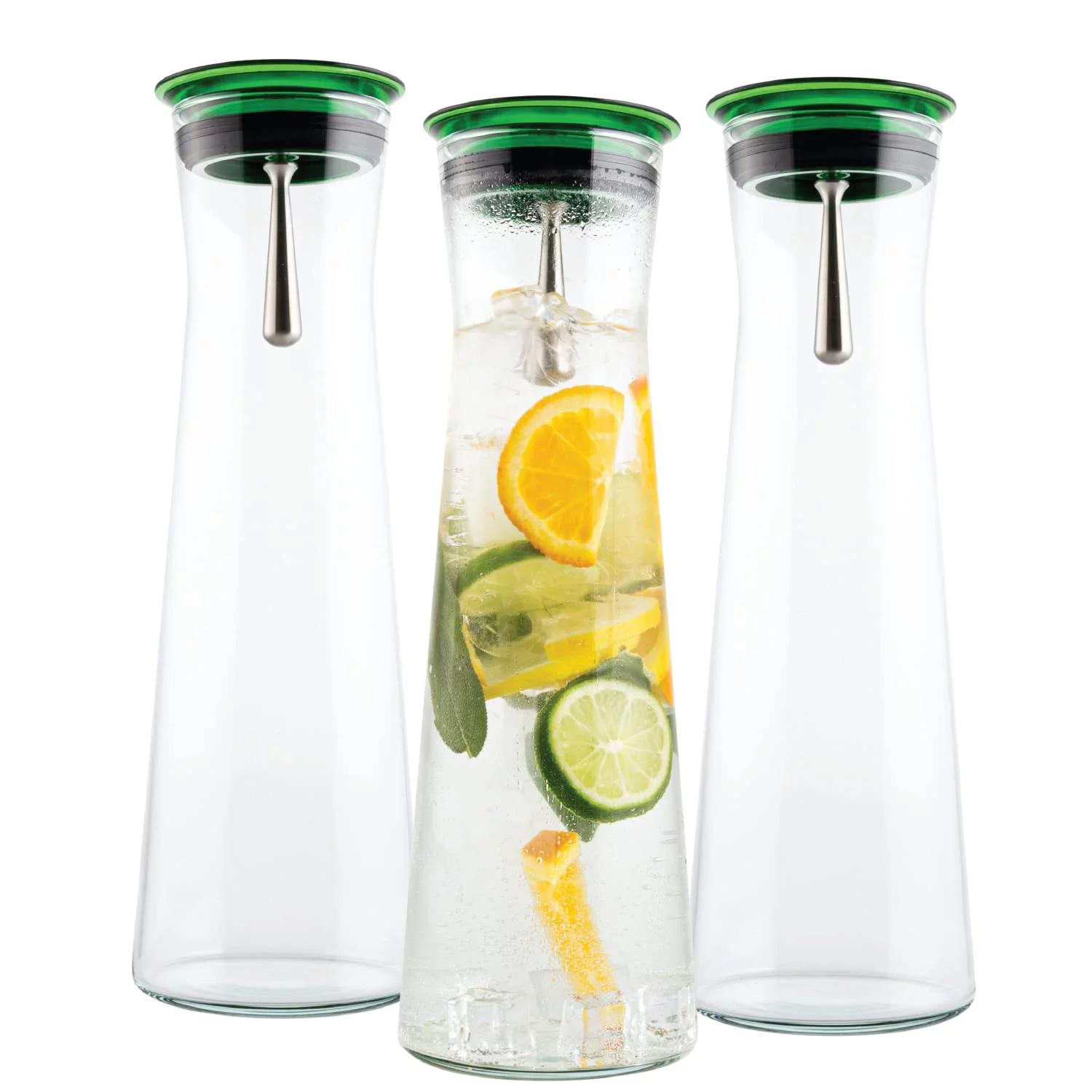 Simax Glassware Clear Glass Carafes | Set of Three Glass Pitchers Fun Green Lids Easy Pour Design Durable Shock Resistant Borosilicate Glass Dishwasher Safe Holds 1 Quart