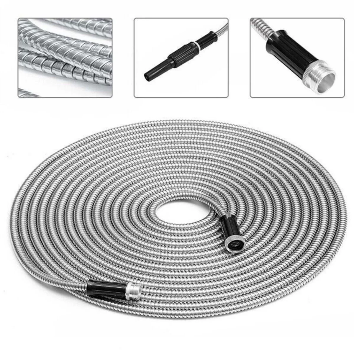 LUVCMFT Metal Garden Hose 50FT Flexible Garden Water Hose with Solid Metal Fittings and Spray Nozzle Stainless Steel Water Hose No-Tangle & No-Kink Durable and Lightweight