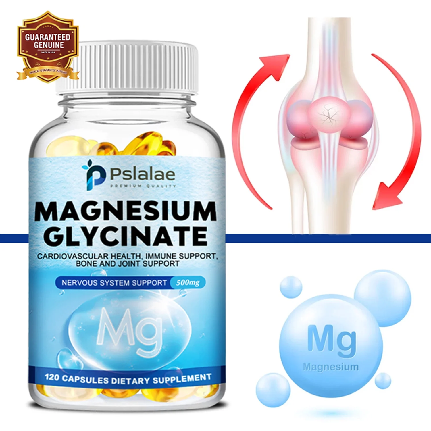 Pslalae Magnesium Glycinate 500mg - Sleep Support, Muscle Relaxation, Leg Cramp Relief(30/60/120pcs)