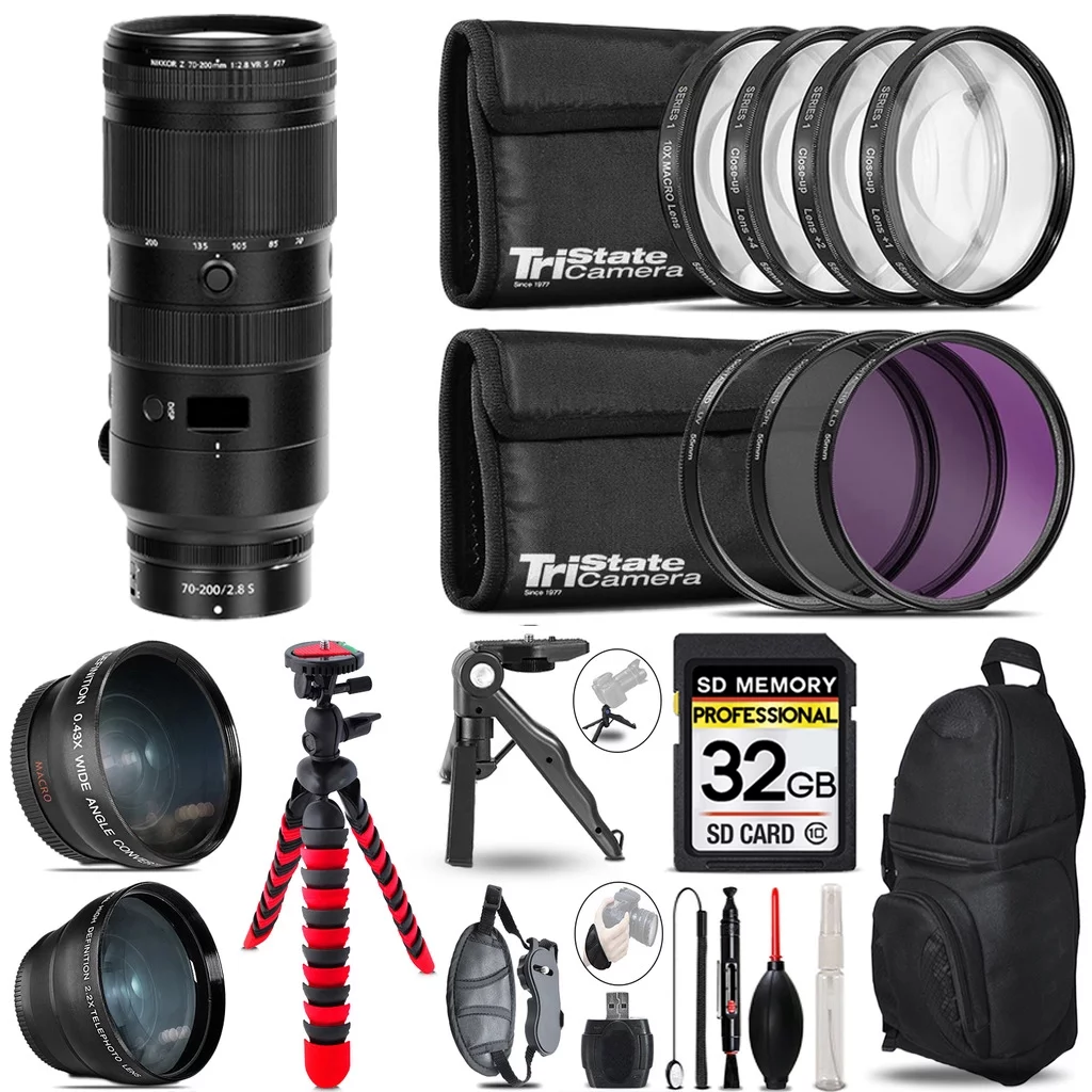Nikon NIKKOR Z 70-200mm f/2.8 VR S Lens - 3 Lens Kit + Tripod + Backpack - 32GB Accessory Bundle