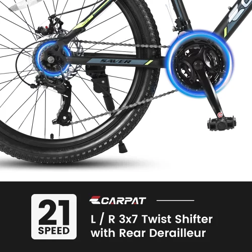 24 Inch Mountain Bike Boys Girls, Steel Frame, Shimano 21 Speed Mountain Bicycle with Daul Disc Brakes and Front Suspension MTB