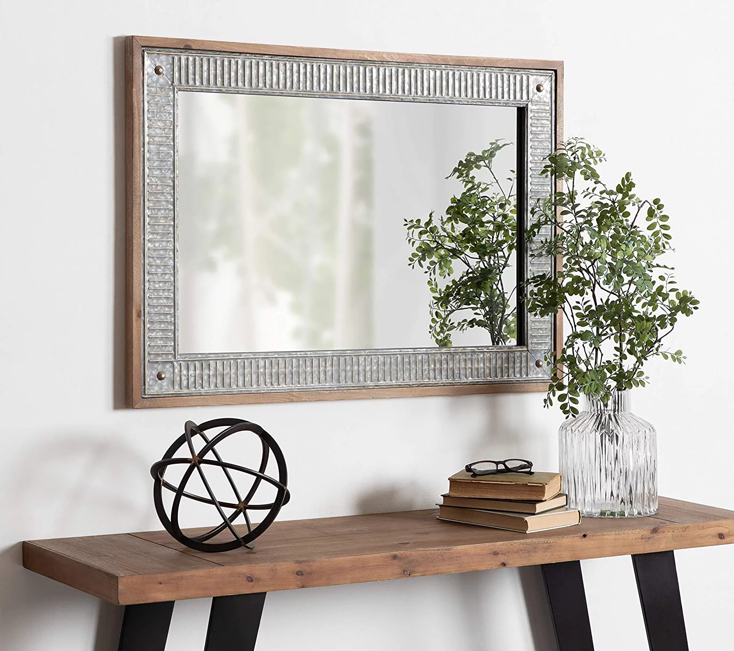 HYUN Deely Farmhouse Wood and Metal Wall Mirror, Rustic Brown