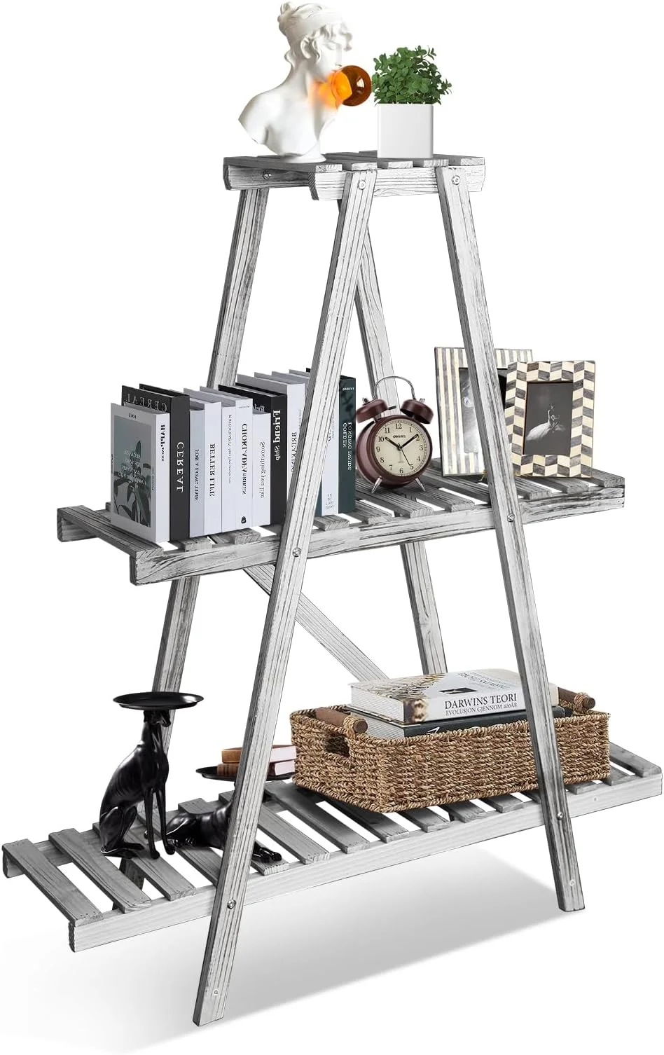 RSJIWOGZ TAG 4-Tier Ladder   Wooden Ladder Bookshelf  Plant Flower Stand  Multipurpose Organizer  Rack for Home  Living Room  Bedroom  Balcony  Easy Assembly  Vintage