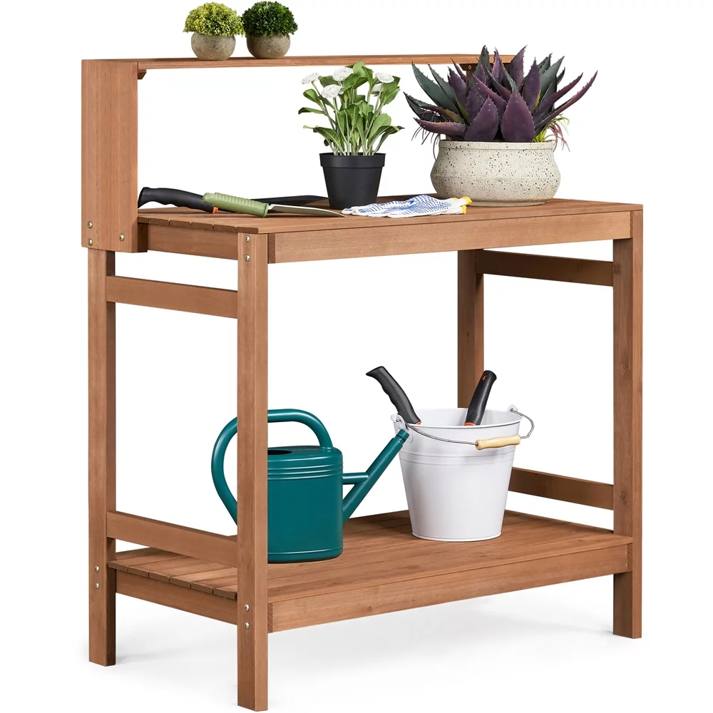Topeakmart Wooden Potting Bench Table Workstation with Storage Shelf for Garden, Brown