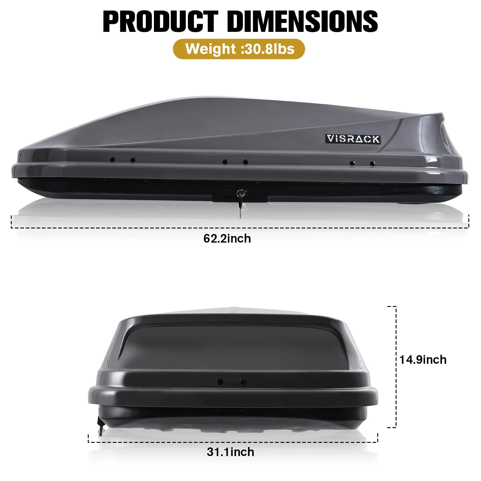 Gxcevsou Large Rooftop Cargo Carrier Box, Heavy Duty Hard Shell Roof with Security Keys, Waterproof Rooftop Cargo Box, 62 (L) x 31 (W) x 15(H) Inches, 14 Cubic Feet (Tool-Free Install), Gray