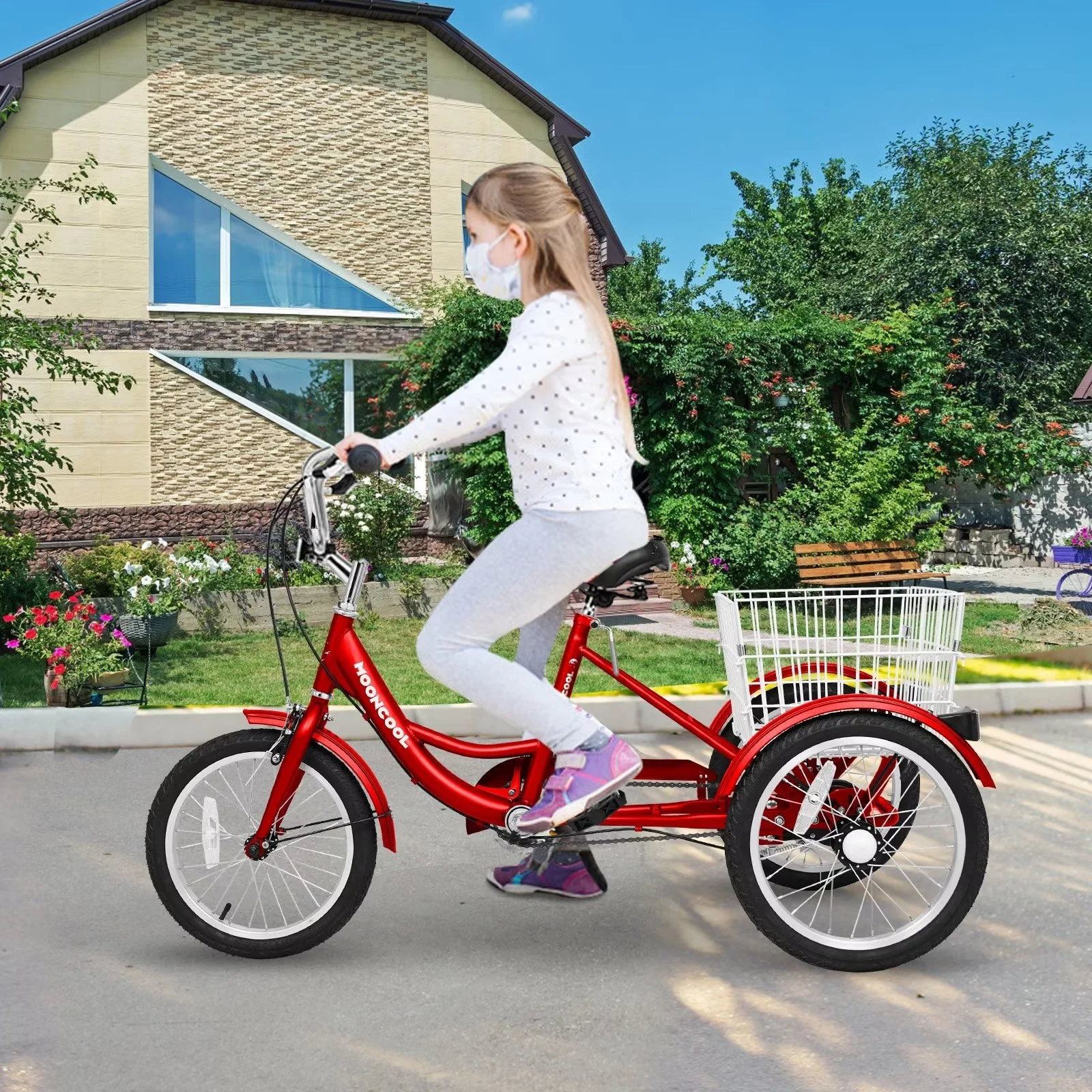 MOPHOTO 16 inch Tricycle Child, Trike For Adult, Single Speed Cruiser 3 Wheel Bicycles with Basket for Women Men,  Red