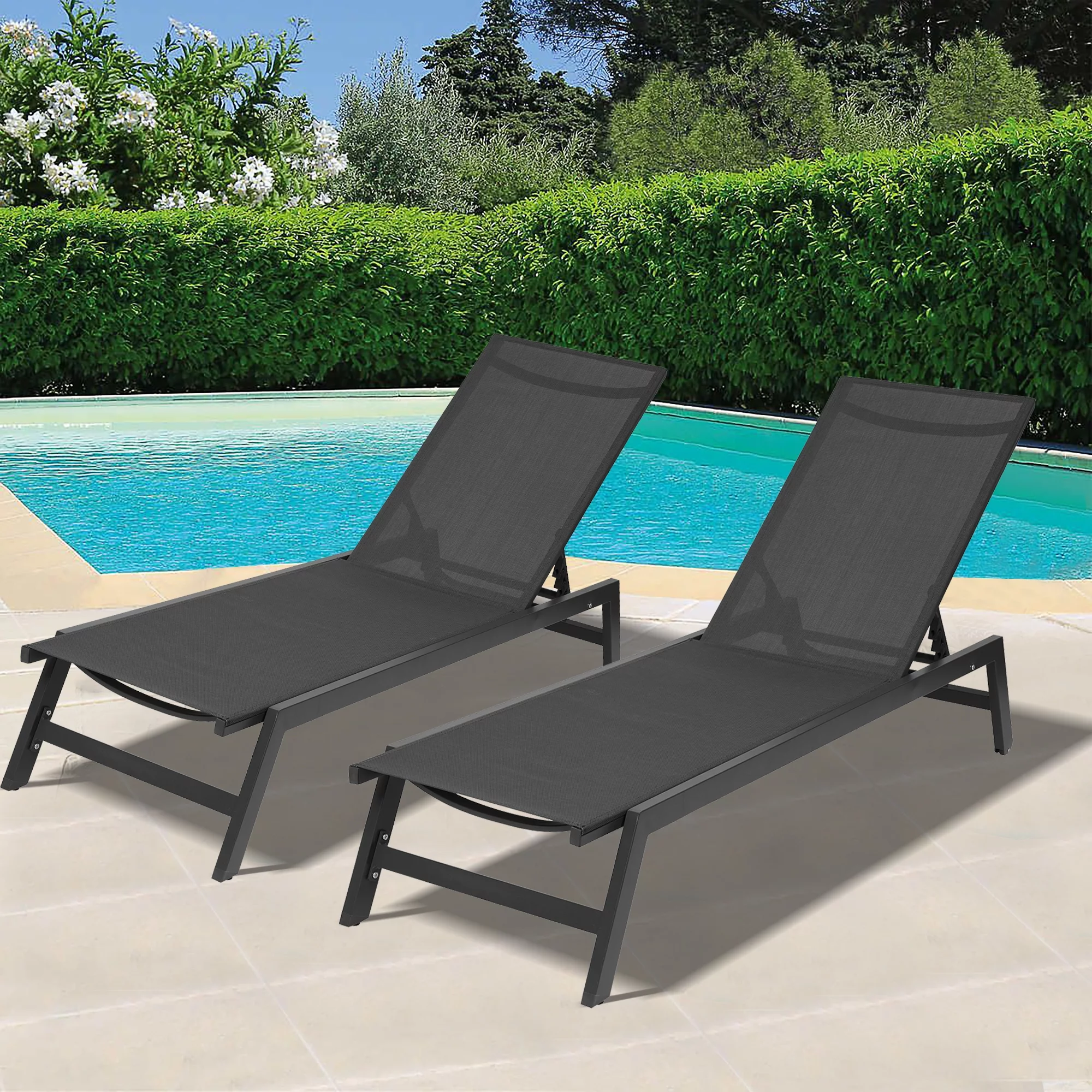 Oaks Aura Outdoor 2-Pcs Set Chaise Lounge Chairs Five-Position Adjustable Aluminum Recliner for Patio, Beach, Yard, Pool