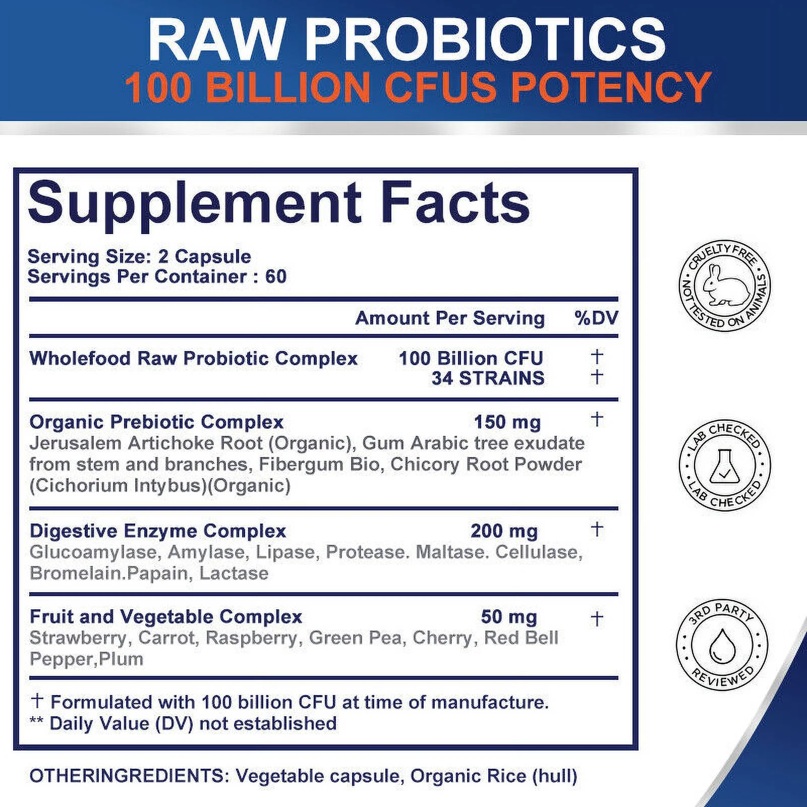 Digestive Enzymes Prebiotic & Raw Probiotics Gas, Constipation & Bloating Relief 120 Capsules