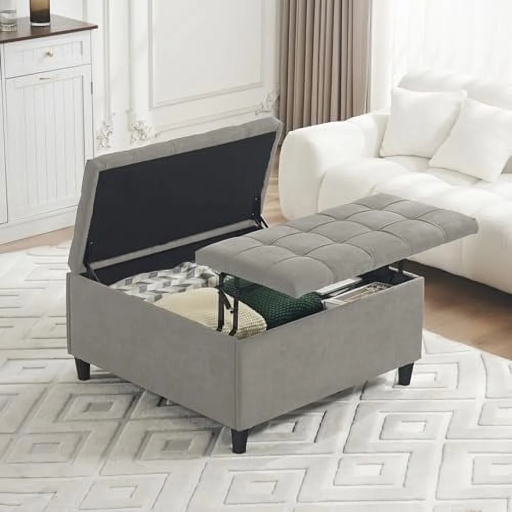 GEROBOOM Large Square  Ottoman  35" Tufted Ottoman with   Oversized Ottoman Coffee Table with Lift Top  for Living Room  Bedroom  Office (Light Grey)
