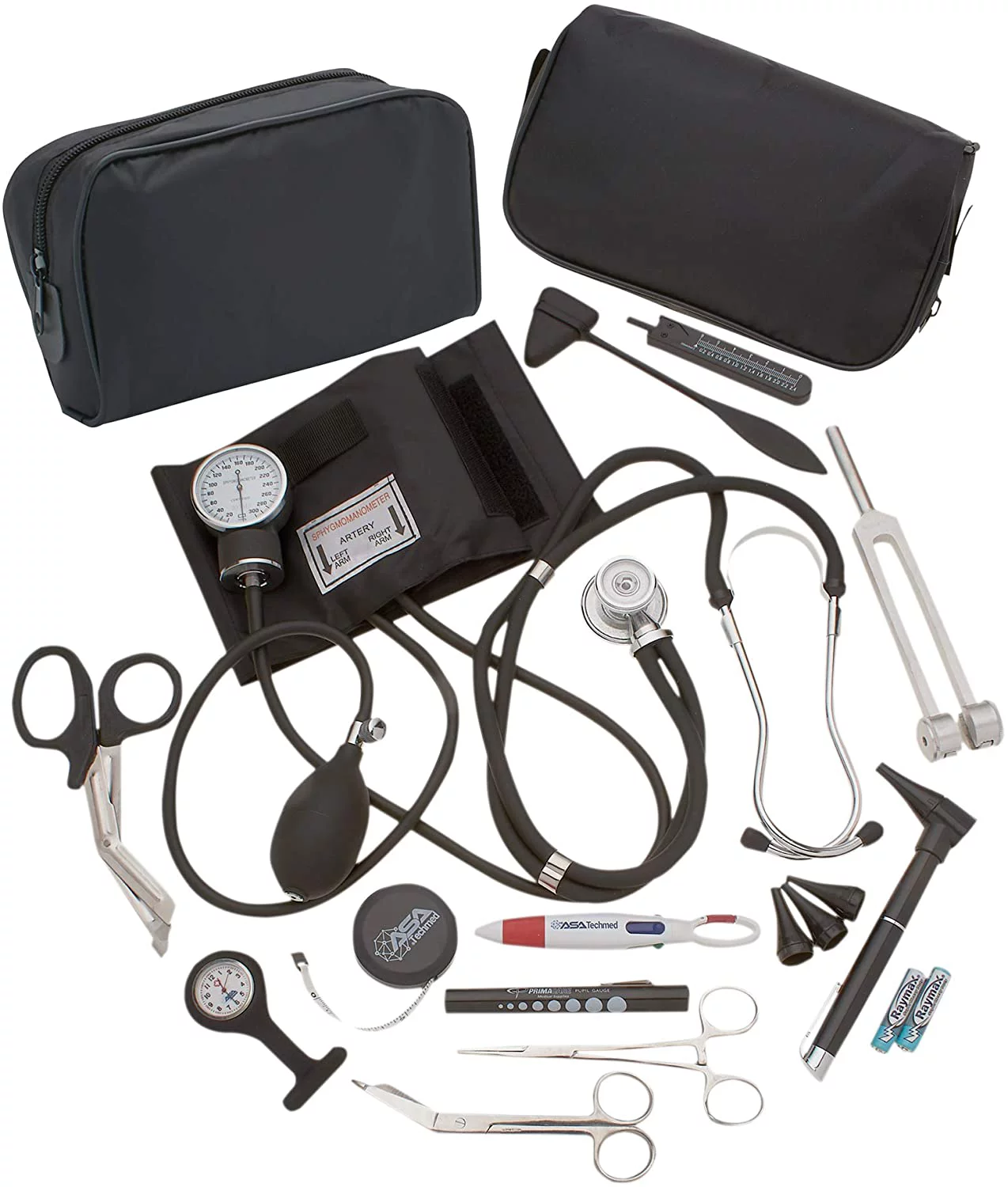 AsaTechmed Complete Diagnostic Blood Pressure, Stethoscope, Otoscope Kit w/Tuning Fork, Neurological Reflex Hammer, EMT Shears || Nurse Starter Kit with Travel Pouch + Accessories (Stainless Silver)