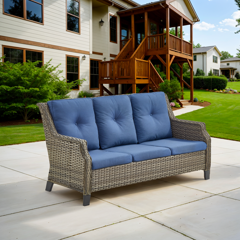 PARKWELL Outdoor Patio Wicker 3 Seater Couch,Rattan Deep Seat Sofa with Thick Cushions for Balcony Porch,Navy