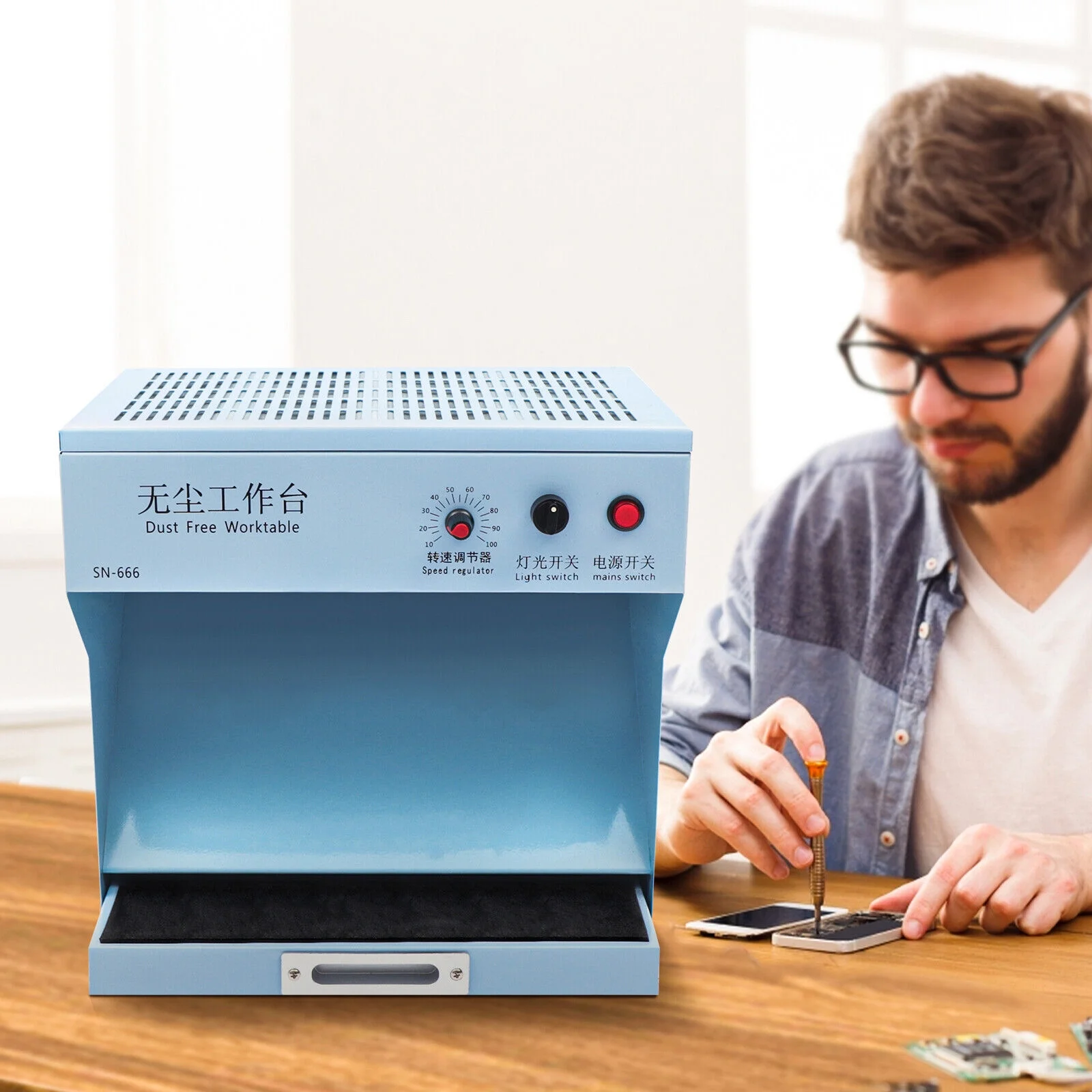 Miumaeov Mini Dust Free Working Table, Portable Laminar Air Flow Clean Bench with Dual Light and Fans, Workstation Table Fume Hood for Phone LCD Repair