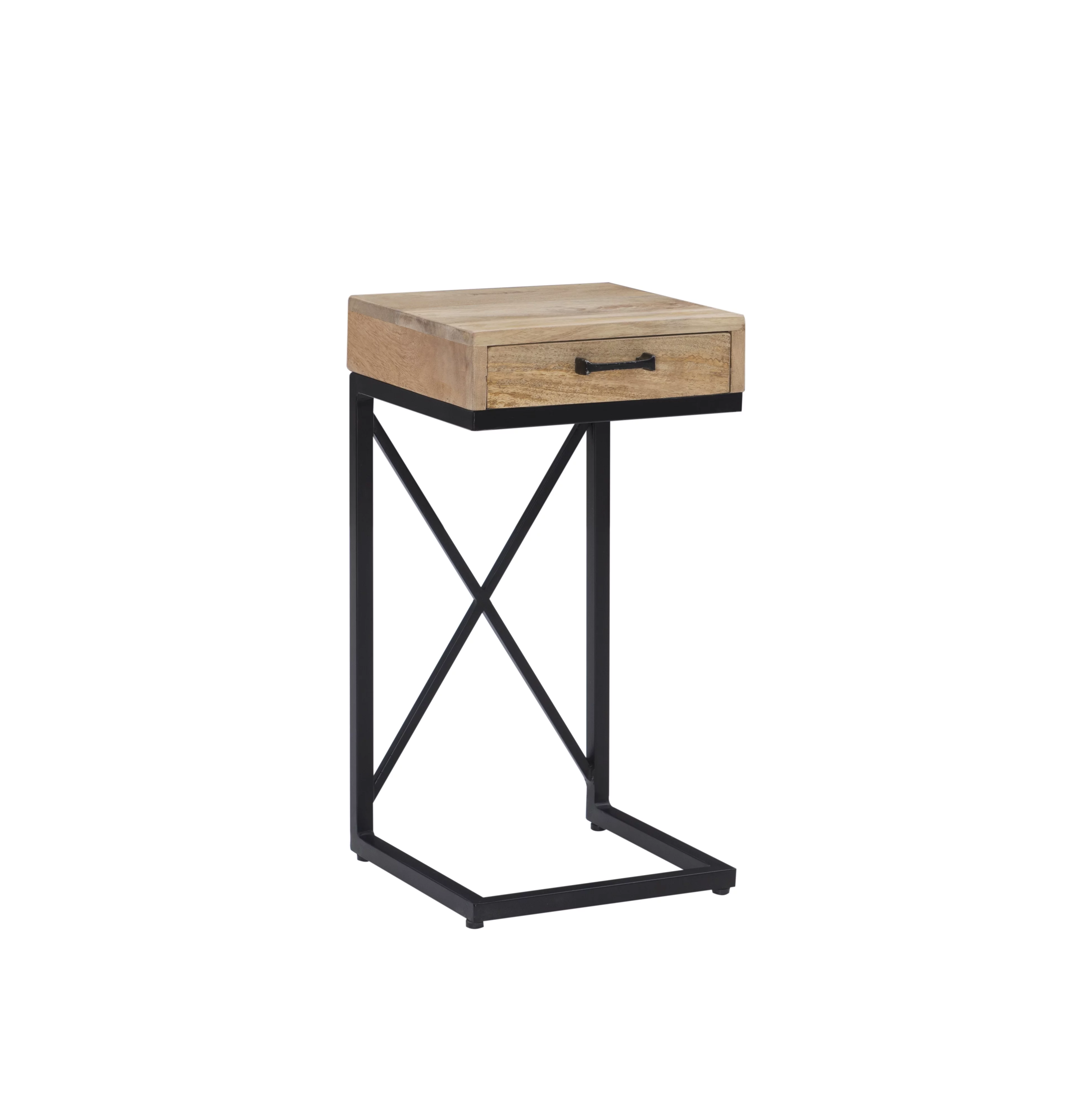 Chalgrove Mid-Century Metal Single Drawer C-Table, Black Base with Natural Wood Top