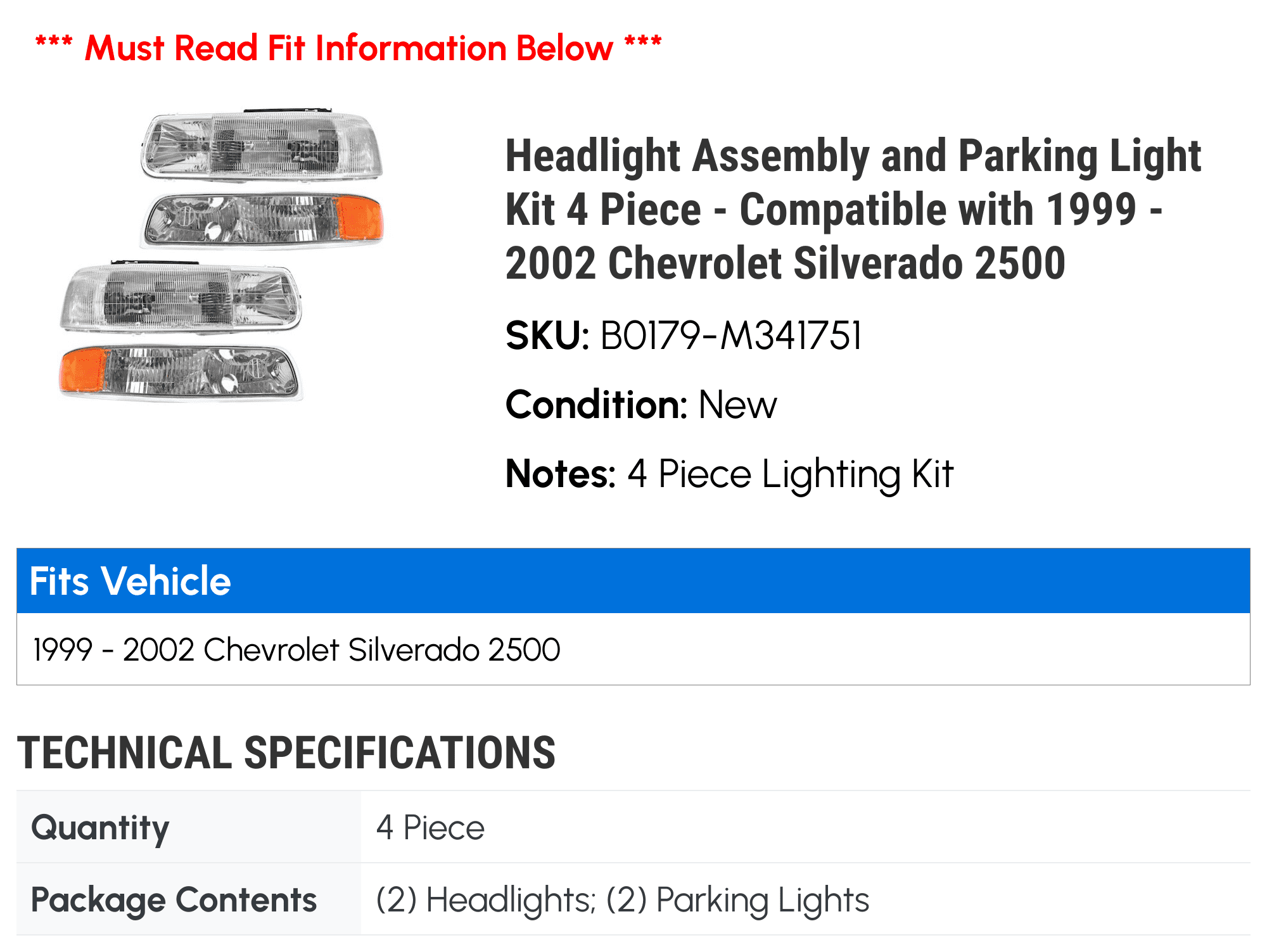 Headlight Assembly and Parking Light Kit 4 Piece - Compatible with 1999 - 2002 Chevy Silverado 2500 2000 2001