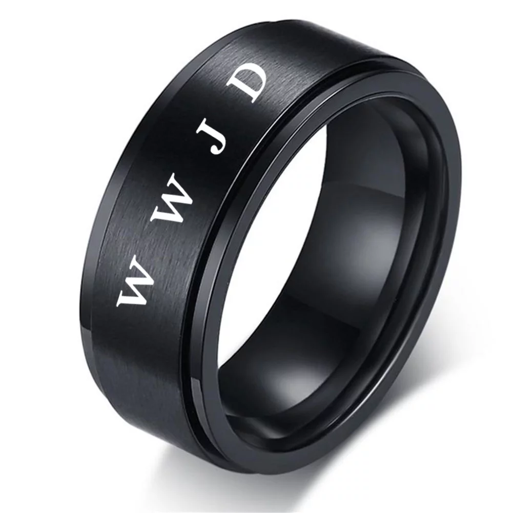 Stainless Steel Christ WWJD Spinner Ring, What Would Jesus Do Rotatable Anxiety Stress Relieving Finger Ring for Women Men Christian Meditation Jewelry,Black,Size 11