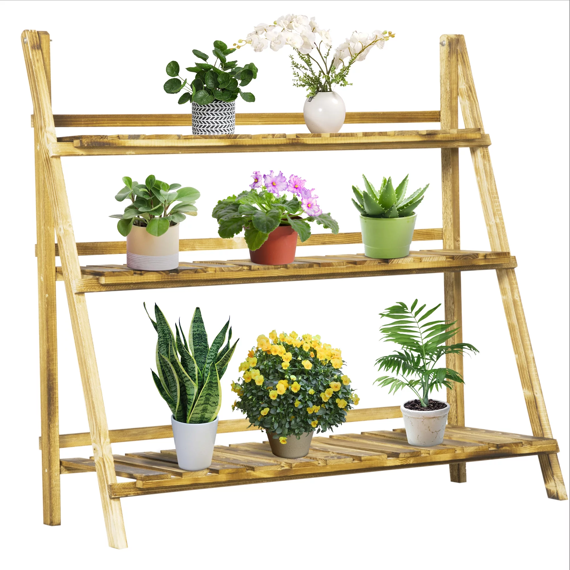 Outsunny 3-Tier Folding Plant Stand, Wooden Indoor Plant Shelf Display Stand, for Corner Balcony Garden Patio, 39