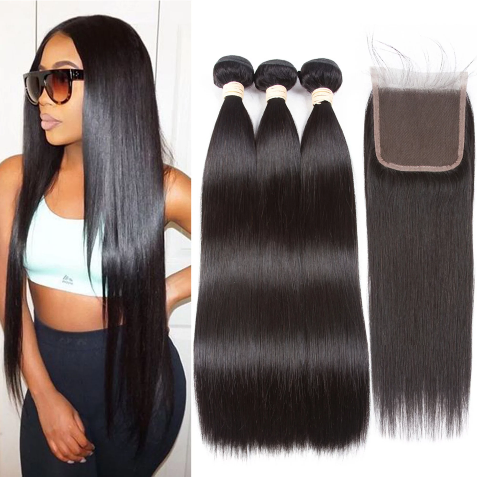 Beauhair 10A Brazillian Human Hair Extensions with Closure Human Hair Straight 3 Bundles With Closure Natural Color 22