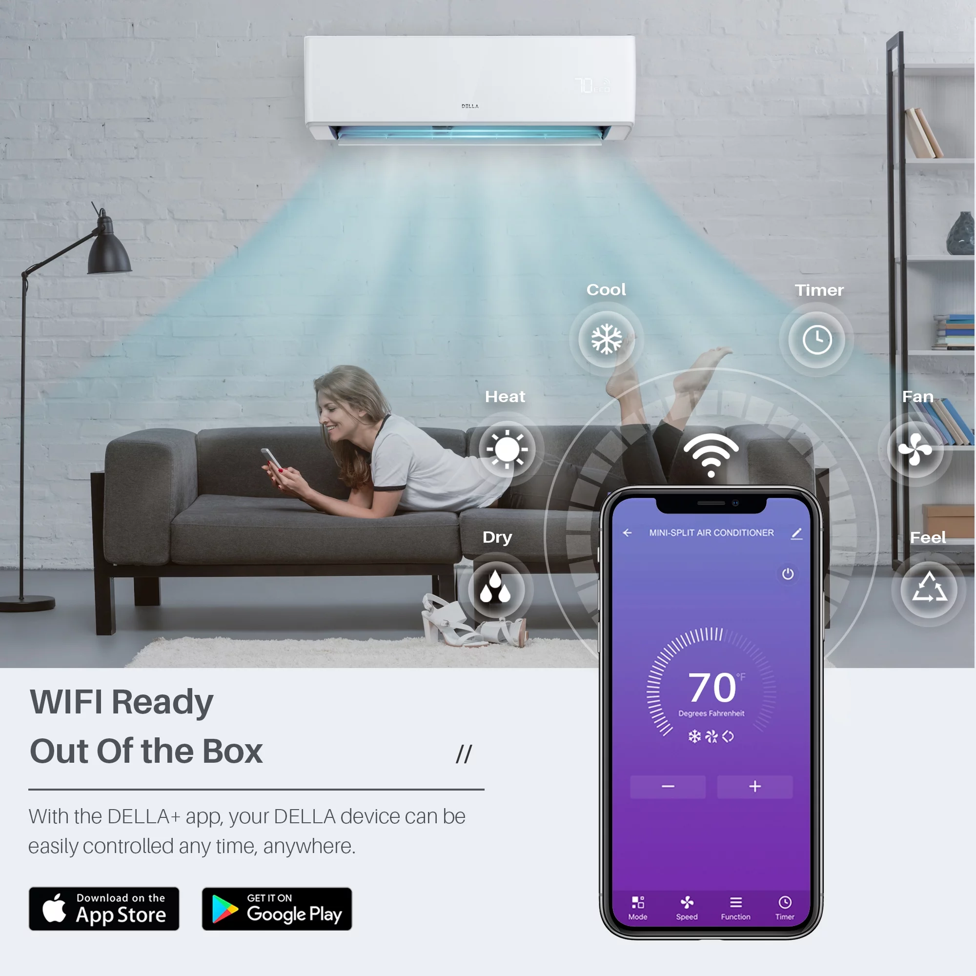 DELLA 24000 BTU Wifi Enabled Mini Split Air Conditioner & Heater Ductless Pre-Charged Inverter System, 21 SEER 208-230V Energy Efficient Unit with 2 Ton Heat Pump, Full Installation Kit (HA Series)