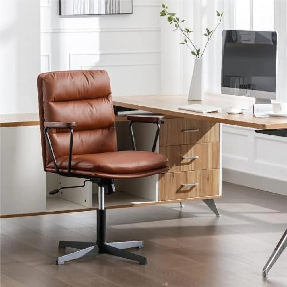 CGFHYP Office Desk Chair No Wheels  Criss Cross Chair with Detachable Wooden Armrests  Ergonomic Comfy Adjustable Computer Chair with Thicken Cushion  Cute Armless Swivel Task Vanity Chai