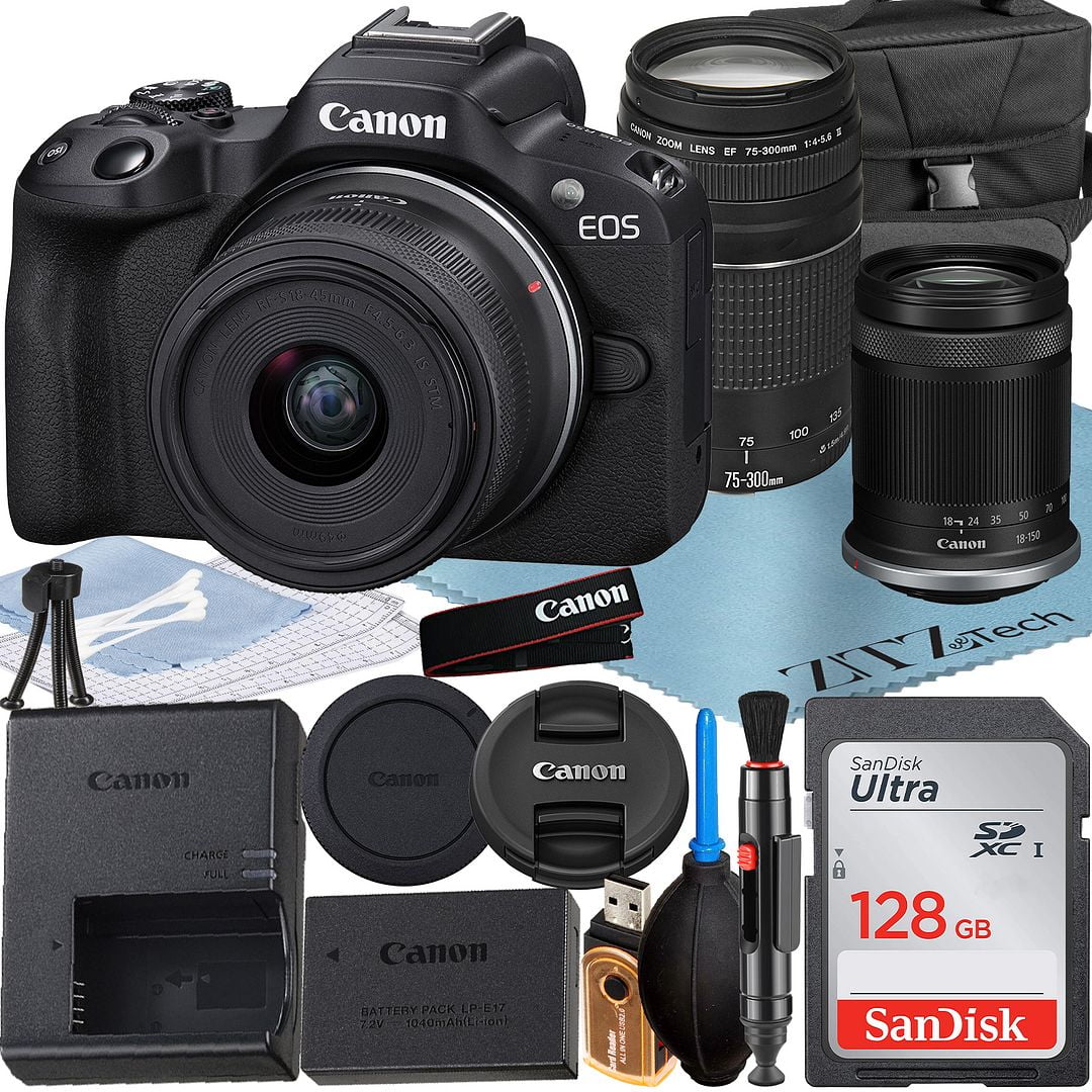 Canon EOS R50 Mirrorless Camera with RF-S 18-150mm + EF 75-300mm Lens + SanDisk 128GB Memory Card + Case + ZeeTech Accessory Bundle