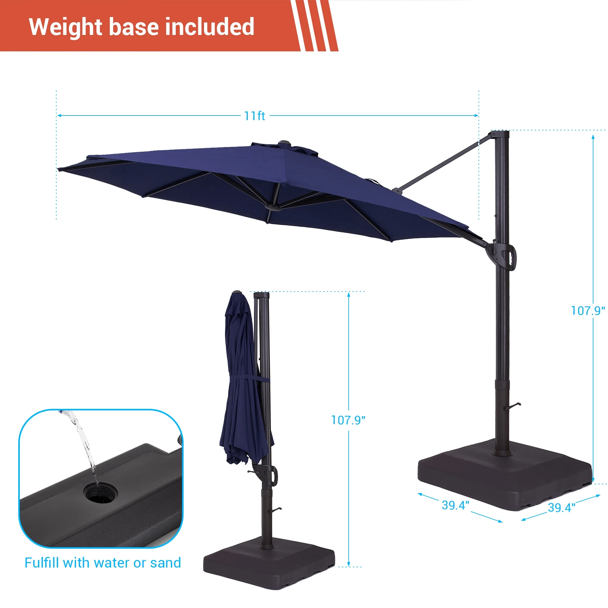 FLAME&SHADE 11ft Outdoor Cantilever Umbrellas 360° Rotation w/Base Stand, Aluminum Patio Round Offset Market Hanging Umbrella for Deck,Navy Blue