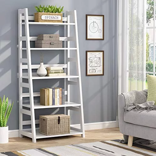 Tribesigns 5-Tier Bookshelf Modern Bookcase, 5 Shelves Ladder Shelf White