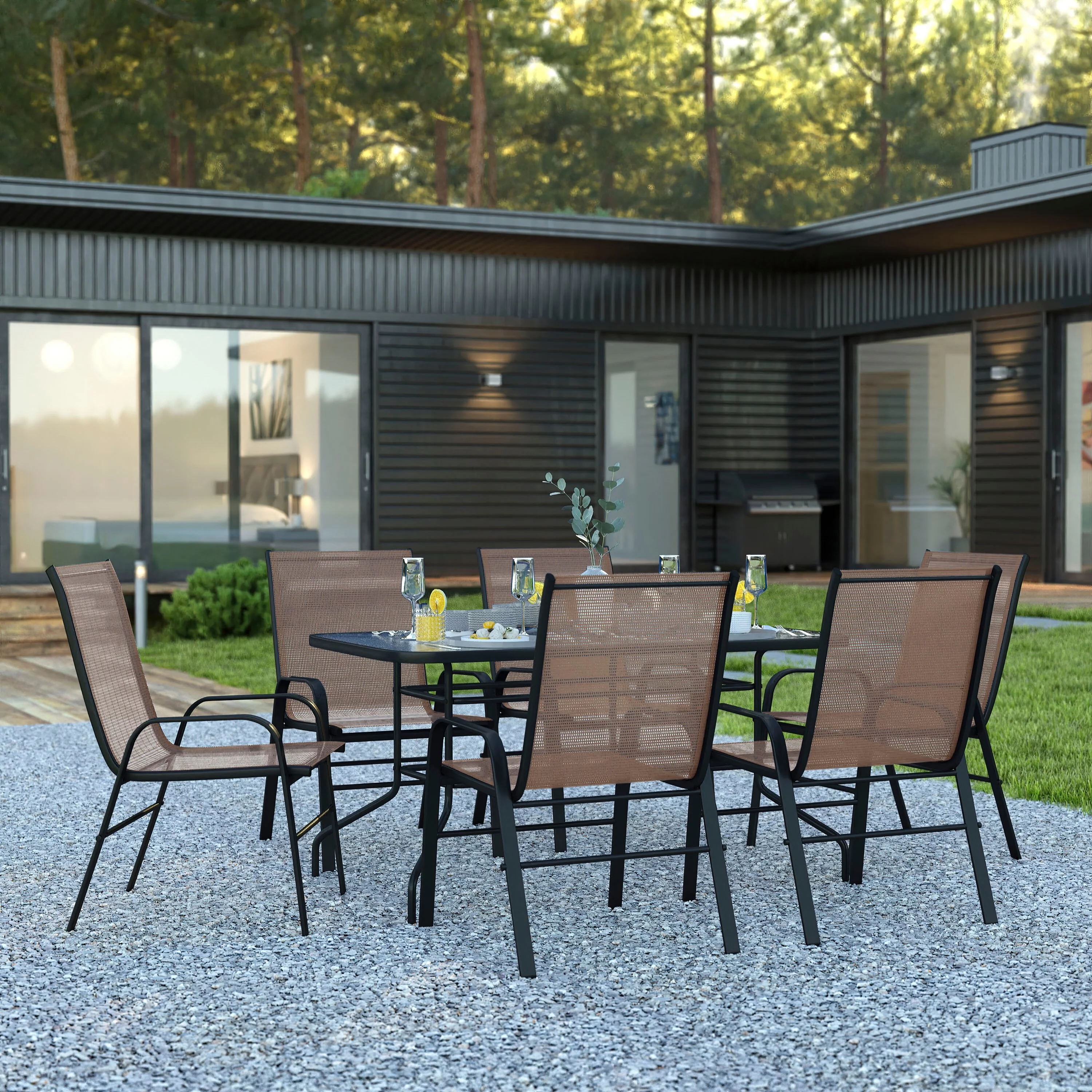 Lancaster Home 7 Piece Patio Dining Set - Glass Table, 6 Flex Stack Chairs Brown