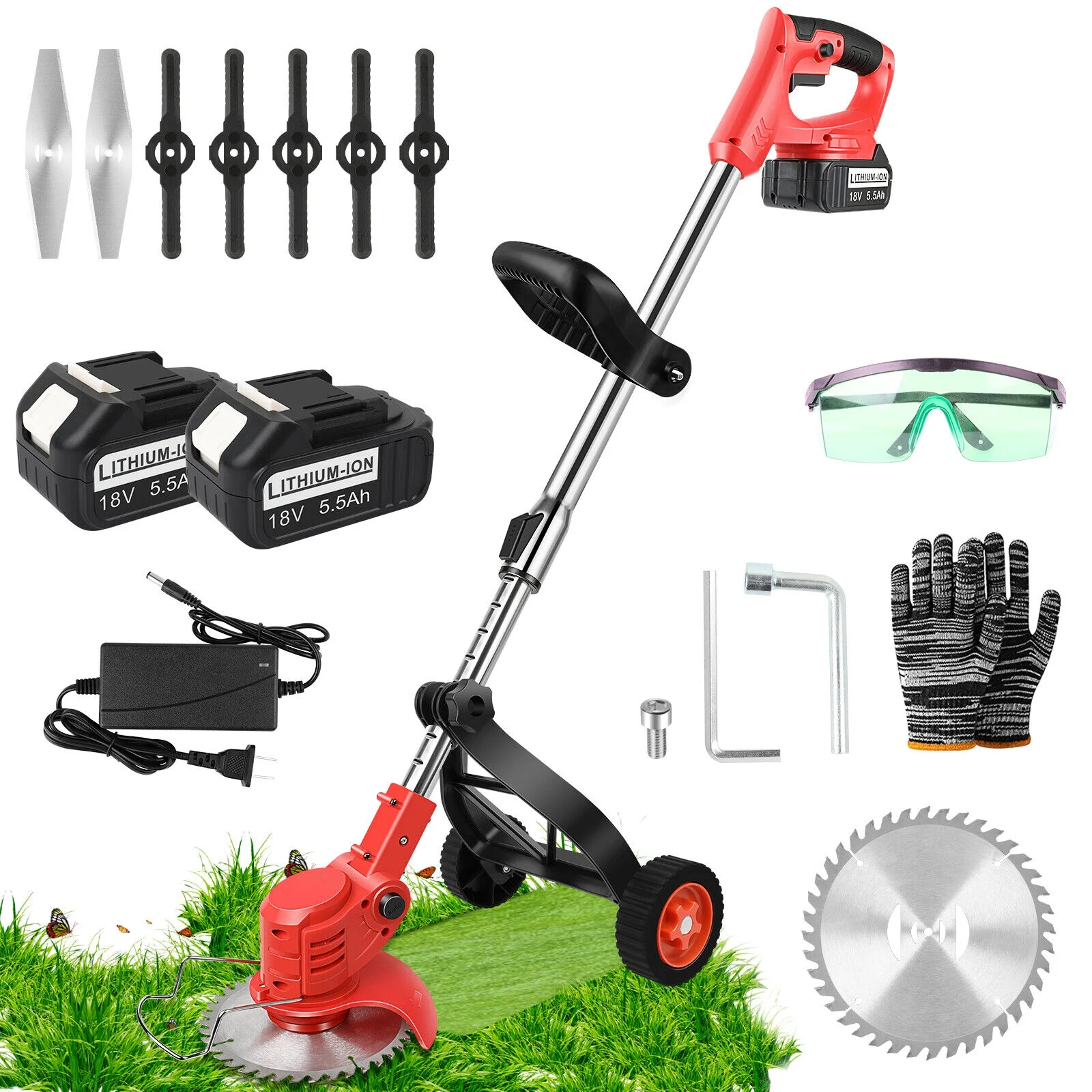 21V Electric Cordless Grass String Trimmer Lawn Edger Weed Cutter Type B:Grass trimmer+2X5.5Ah Battery+Part