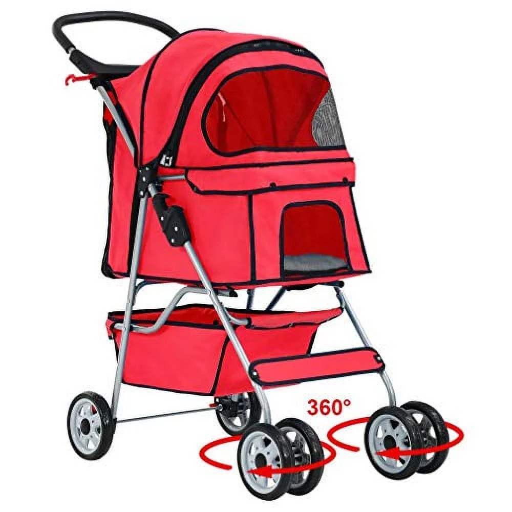 4 Wheels Pet Stroller Cat Dog Strollers Double Folding Carrier Cart Jogger Doggy Puppy Stroller with Zipper Mesh Door, Up to 33Lbs, Red, 17.5 inches (L) x 33 inches (W) x 38.6 inches (H)