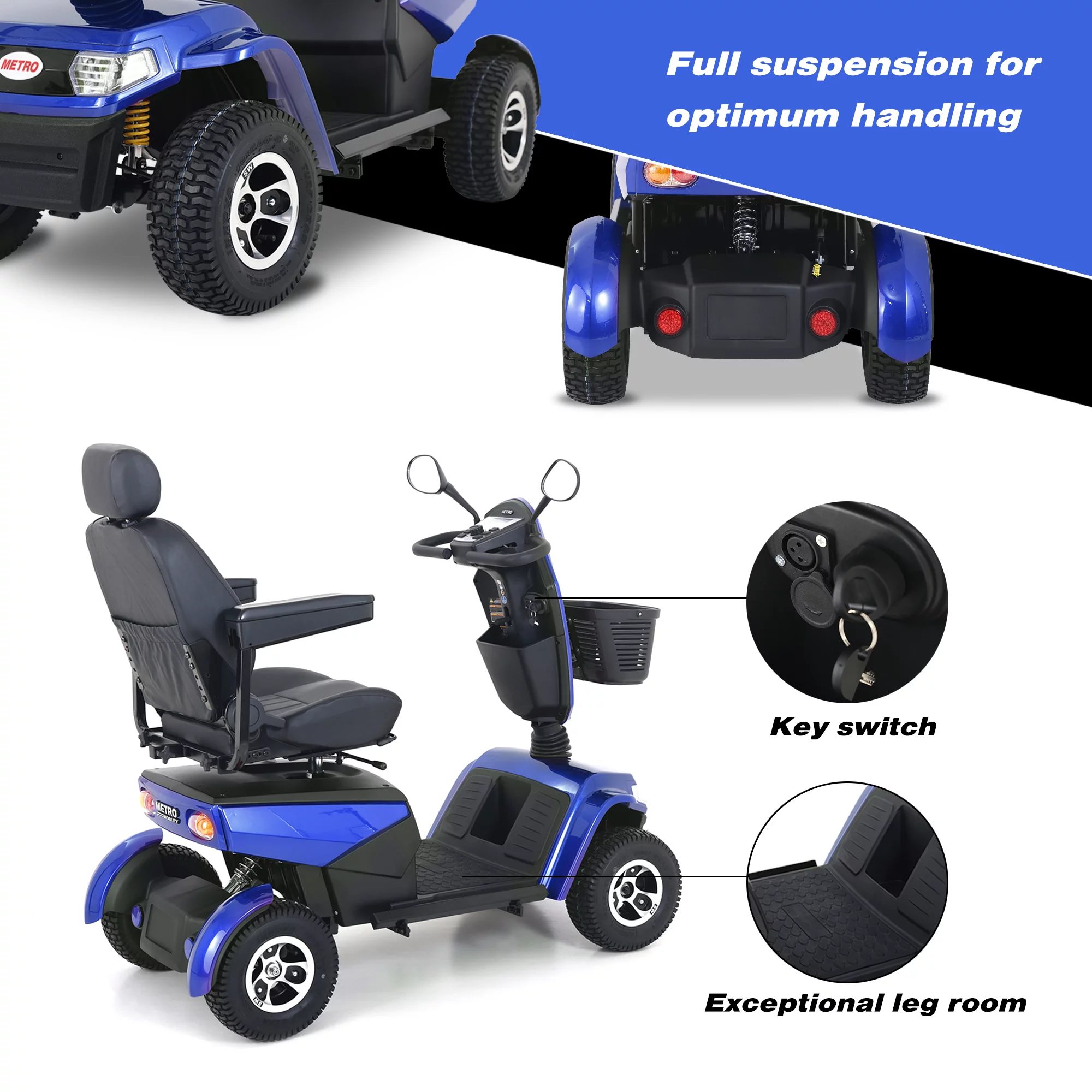 Metro Mobility Mobility Scooters 4-Wheel Electric Mobility Scooter forAll Terrain Electric Powered Wheelchair Device-1000W Motor With Blue