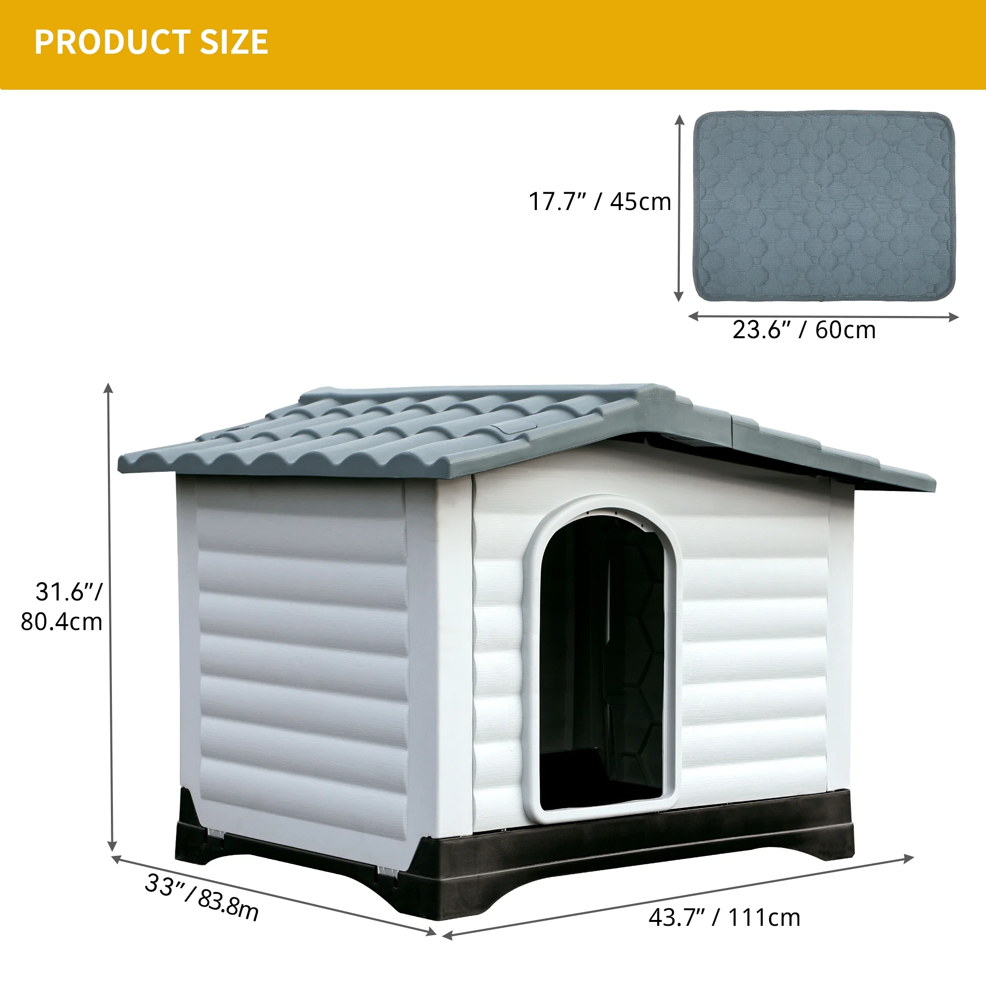 Dextrus Large Plastic Dog House,Outdoor Waterproof Double Door Dog Houses with Elevated Base and Porch & Cushion,Durable Ventilate & Easy Clean and Assemble,43.7''L*33''W*31.6''H,Gray