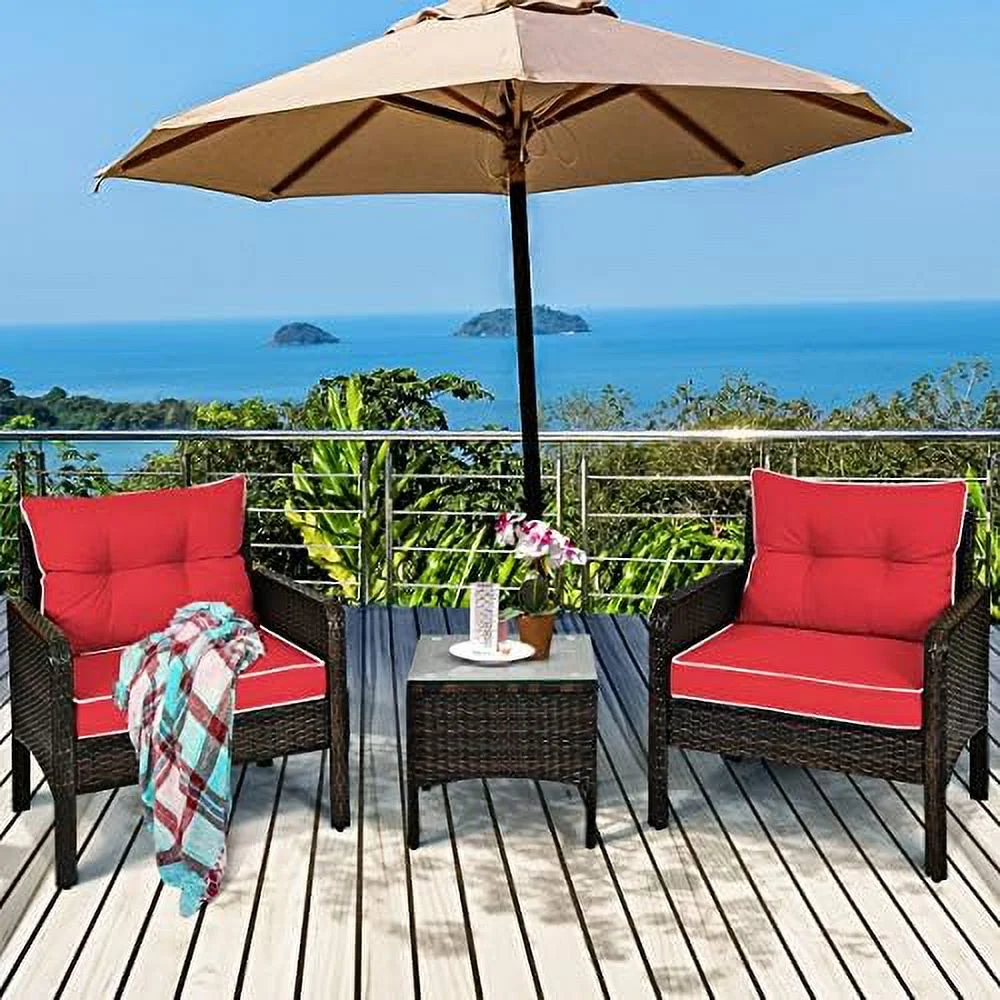 MQLIFEBOOM 3 Pieces Patio  Set Outdoor Rattan Wicker Coffee Table & Chairs Set with Seat Cushions Patio Conversation Set for Garden Balcony Backyard Poolside