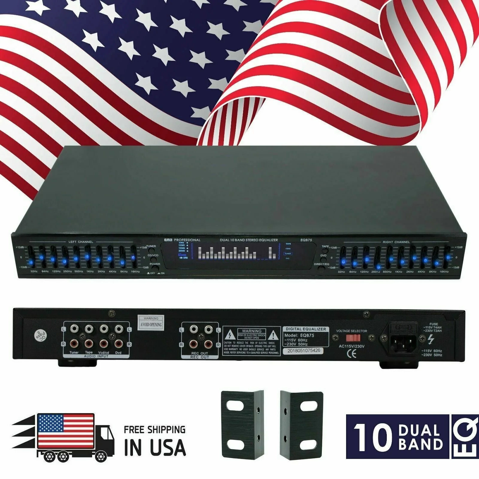 New EMB EQB75 19'' Rack Mount Dual 10 Band 4 Input Stereo Spectrum Equalizer Bundle