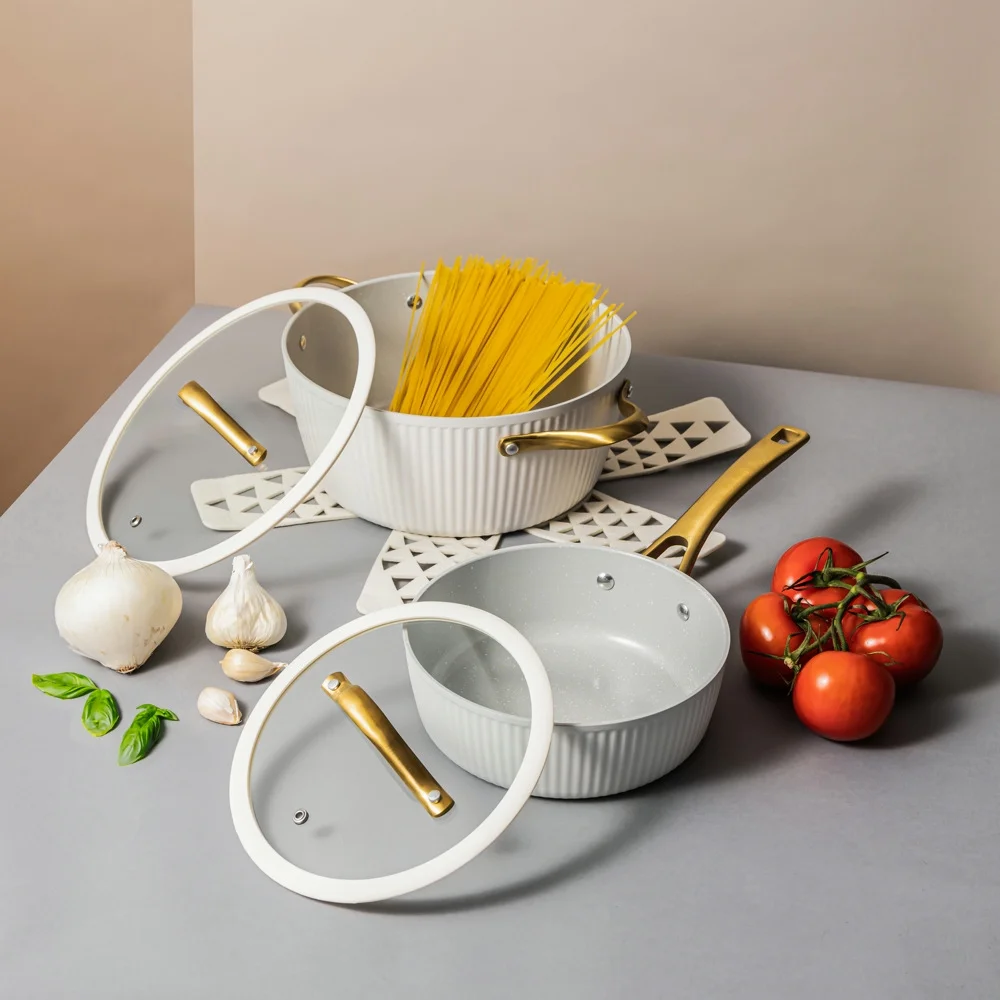 Thyme & Table 12-Piece Ceramic Non-Stick Ribbed Cookware Set, White & Gold