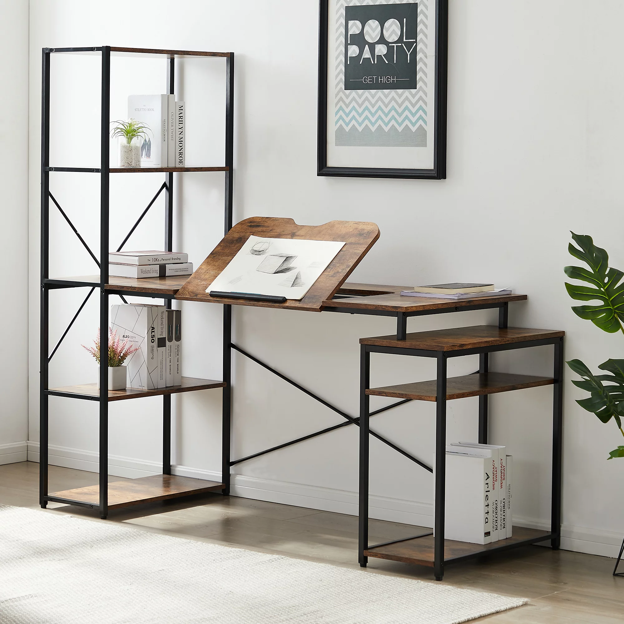 Tower Computer Desk with 5-Tier Bookshelf, 65