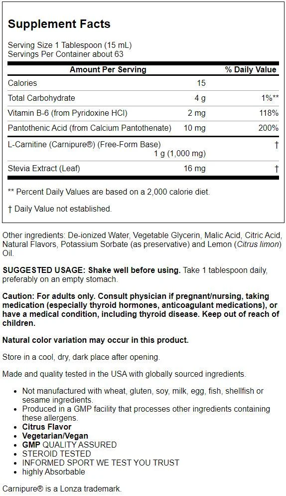 NOW Foods - NOW Sports Liquid L-Carnitine Citrus Flavor 1000 mg. - 32 fl. oz.