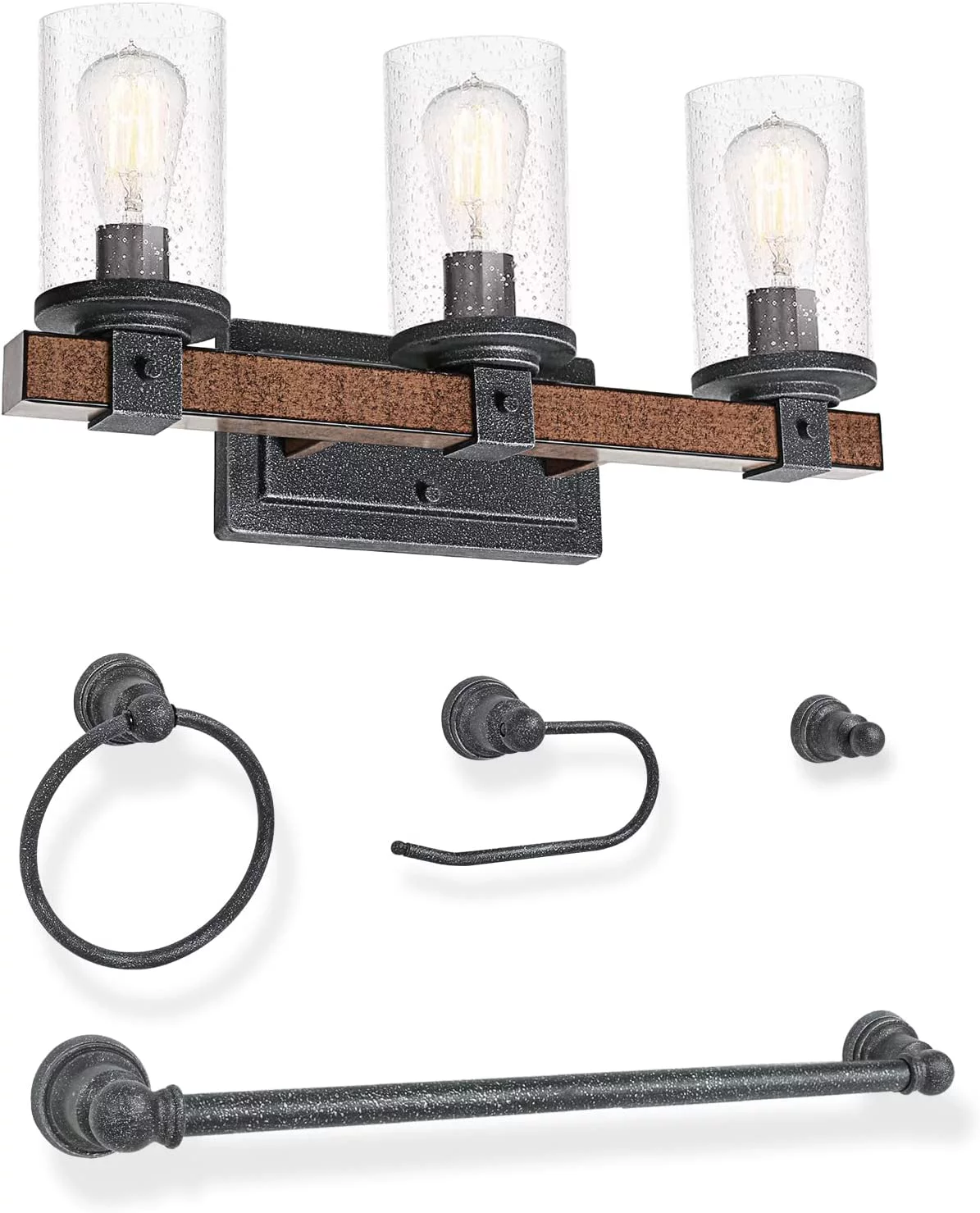 3-Light Farmhouse Vanity Light, 5-Piece All-in-One Bathroom Set (E26 Bulb Base), Light Fixture with Seeded Glass Shades, Faux Wood Metal Wall Sconce for Bathroom, Kitchen, Powder Room