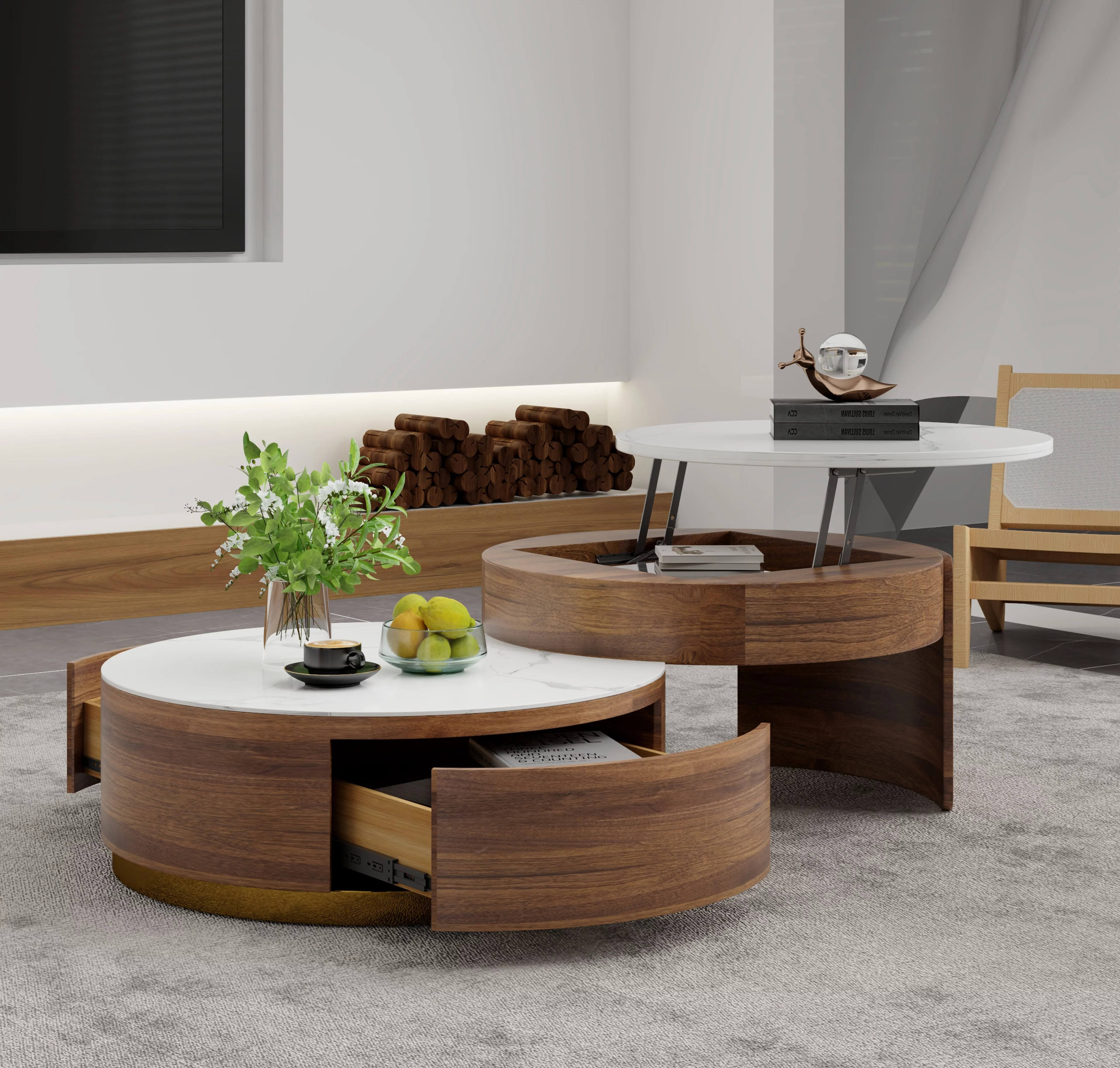 MONTARY Ziv Lift-top Modern Nesting Coffee Table Set Of 2, White Sintered Stone Coffee Table Set, Fully-assembled, 31.5“, Brown