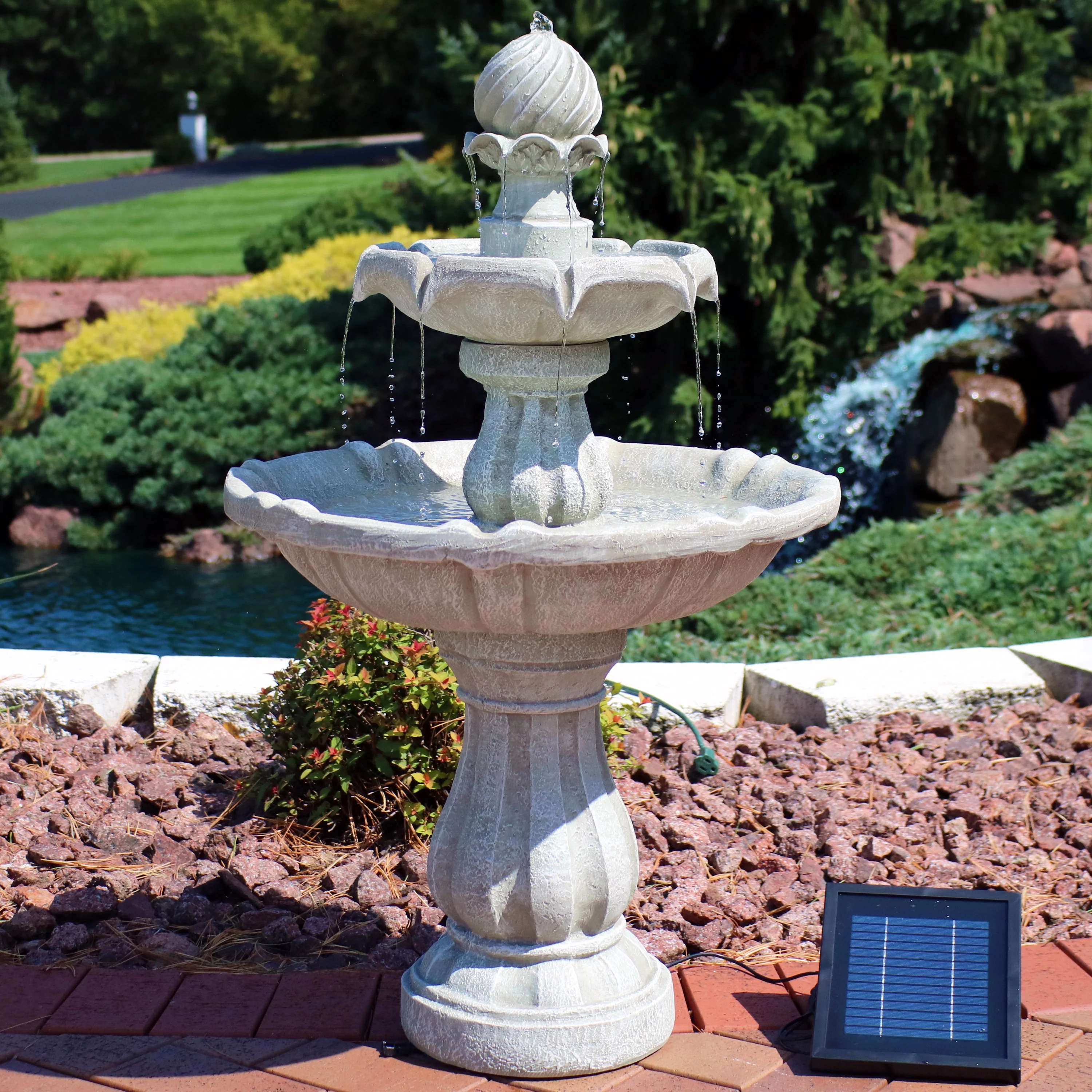 Sunnydaze 2-Tier Solar Outdoor Water Fountain with Battery Backup - White Finish - 35