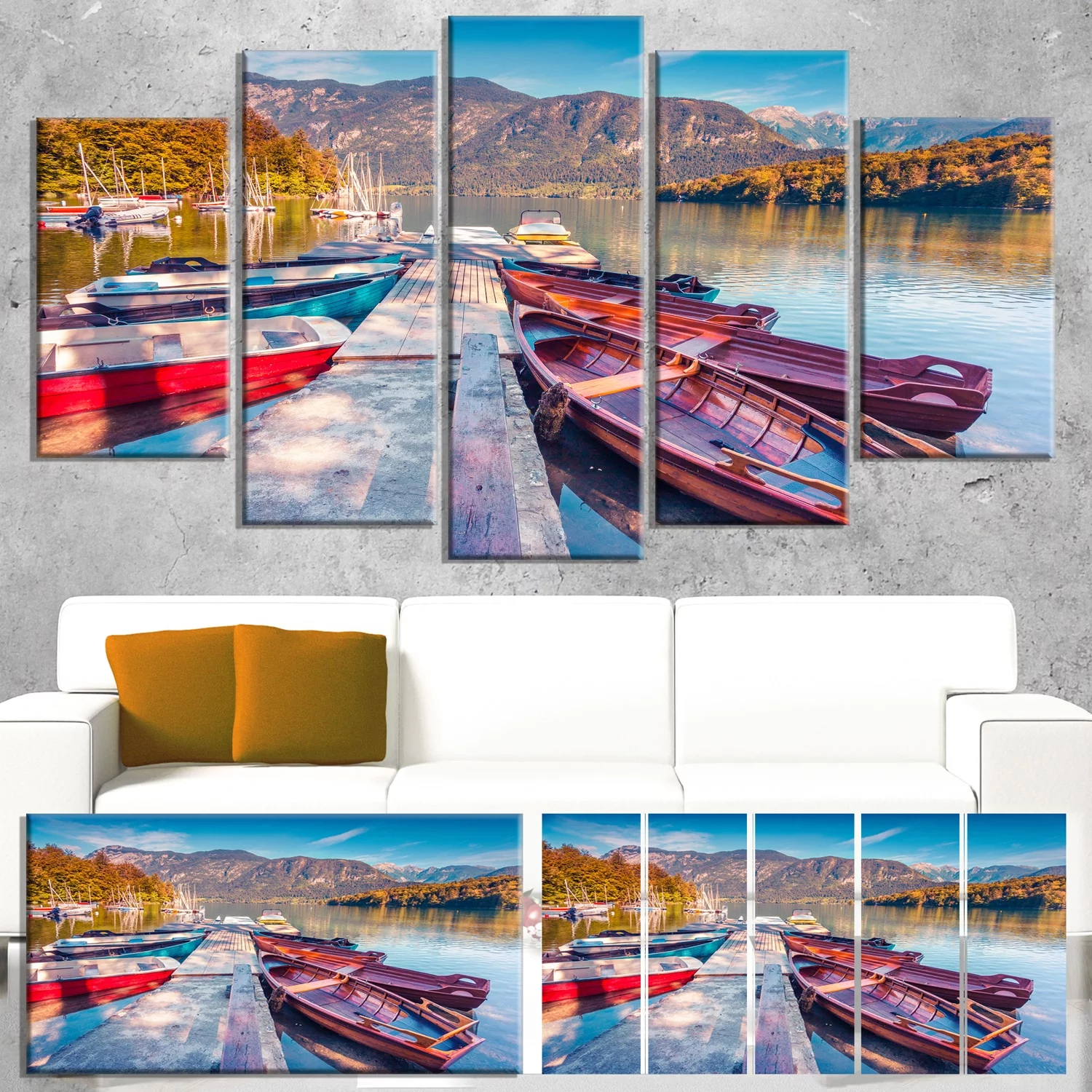 DESIGN ART Bohinj Lake in Morning - Landscape Large Wall Art 60 in. wide x 32 in. high - 5 Panels Diamond Shape