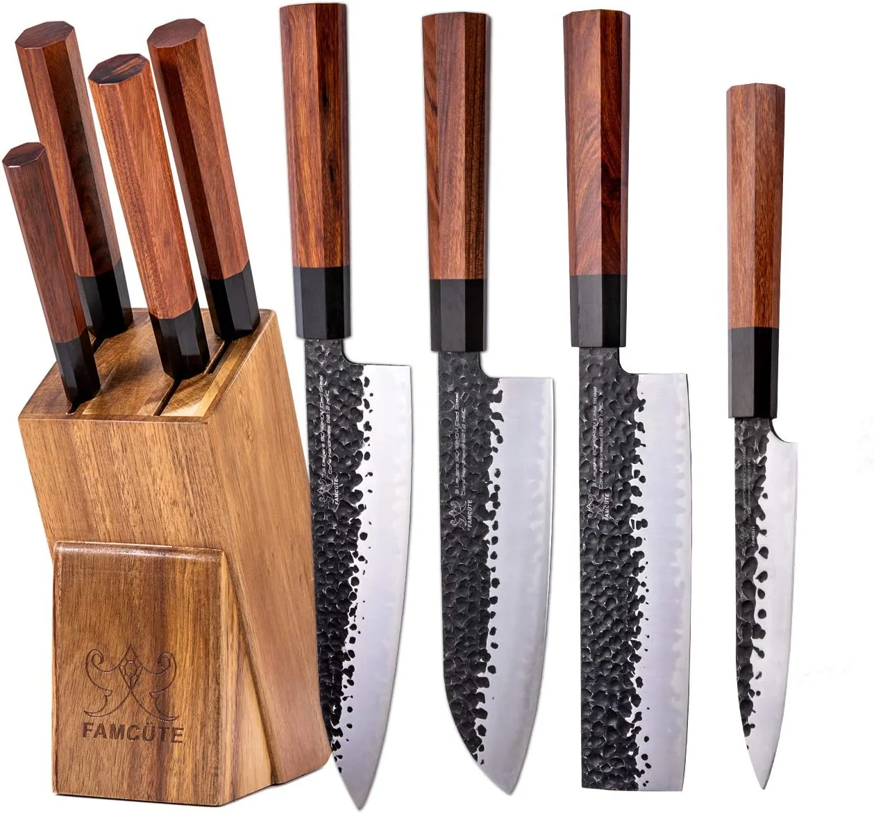 Japanese Chef Knife Set, 3 Layer 9CR18MOV Clad Steel w/Rosewood Handle and Block Wooden Holder for 4PCS Kitchen Knife Set (8” Gyuto Knife, 7” Nakiri Knife, 7” Santoku knife, 5” Utility knife)