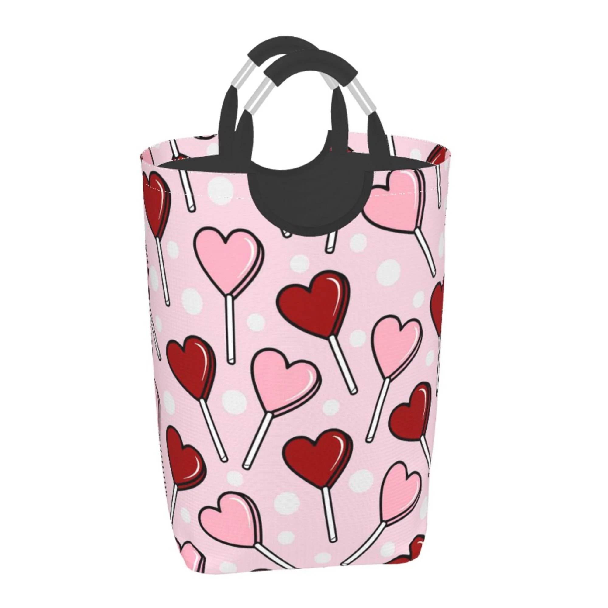 TEQUAN 50L Large Rectangular Laundry Hamper with Aluminum Handles, Red Pink lollipop Hearts Prints Waterproof Foldable Dirty Clothes Basket