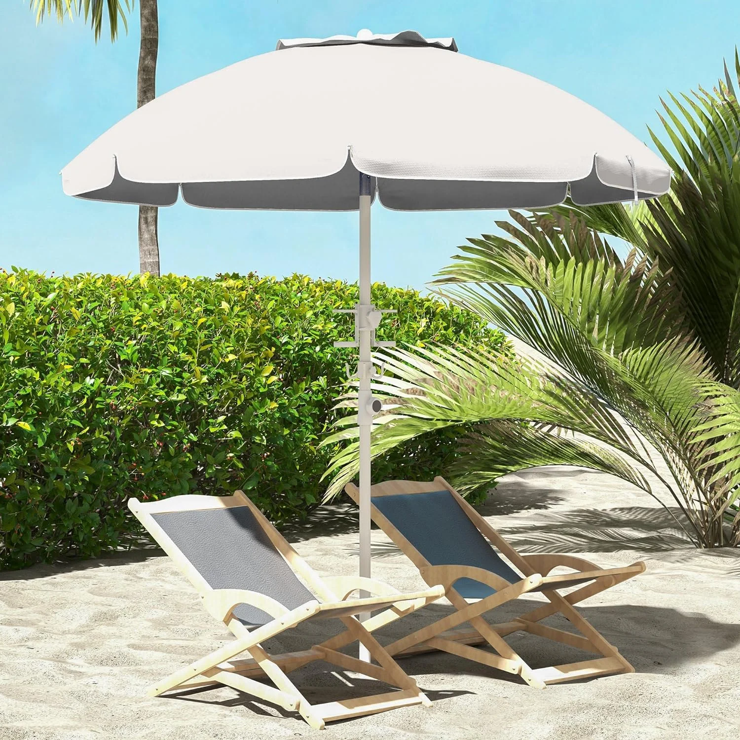 5.7' Portable Beach Umbrella with Tilt, Adjustable Height, 2 Cup Holders, Hook, Ruffled Outdoor Umbrella with Vented Canopy