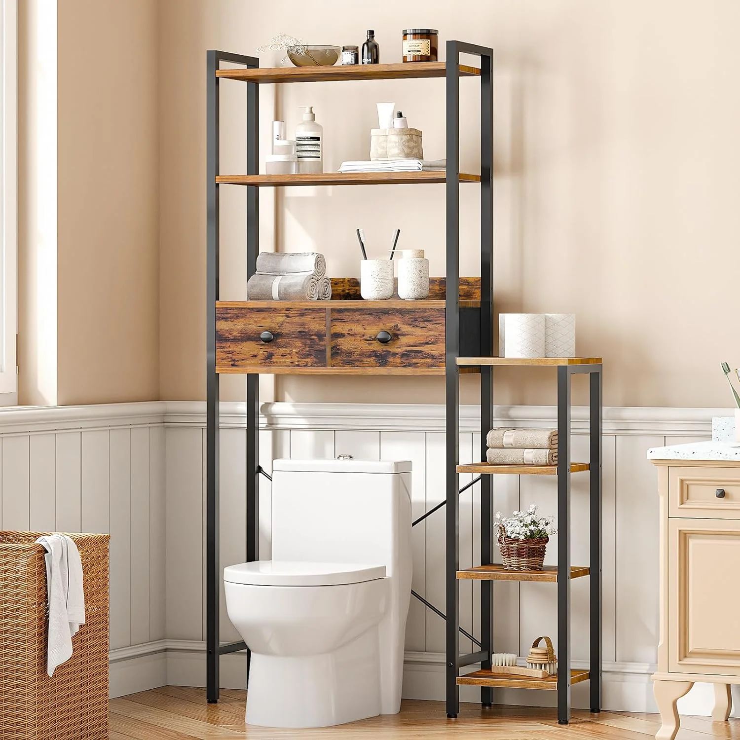 YILAN Over The Toilet Storage with 7 Shelves and 2 Drawers, Freestanding Bathroom Organizer, Industrial Bathroom Space Saver, Mass-Storage Side Storage Open Rack, Rustic Brown and Black BF01TS01