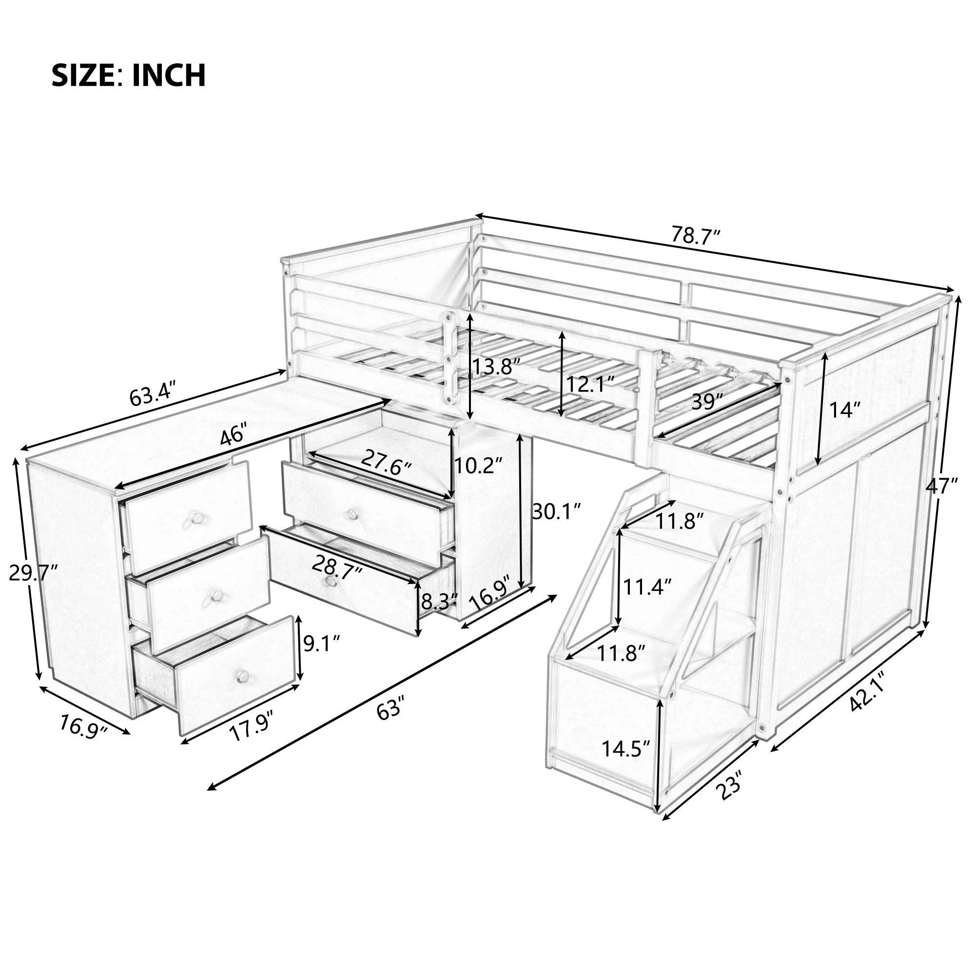 Espresso Twin Size Low Loft Bed With Storage Steps and Portable Desk