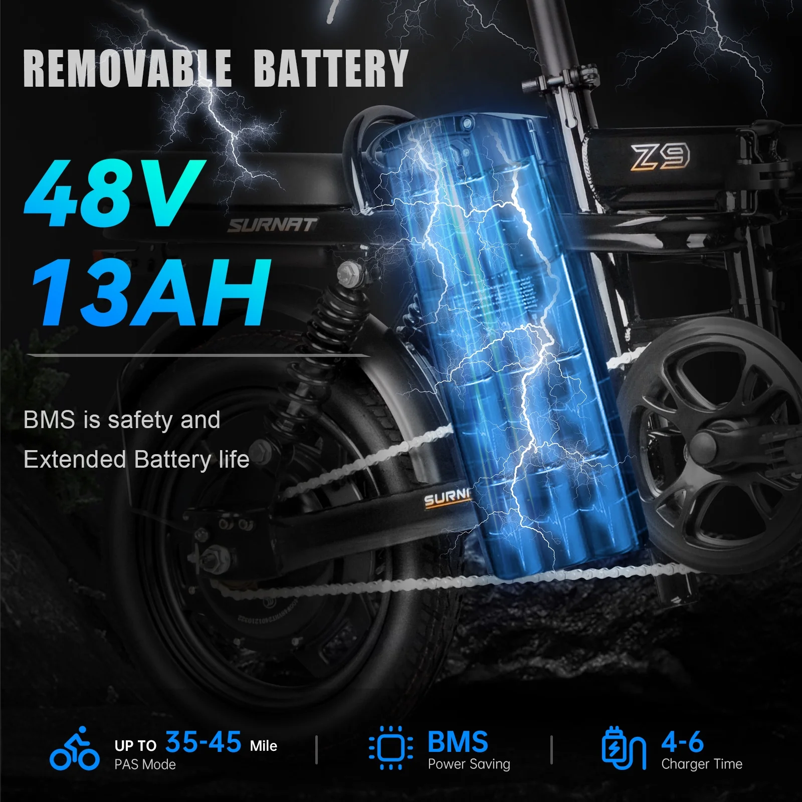 SURNAT Z9 Folding Adult Electric Bike Full Suspension 400W(Peak 600W) 48V 10.4Ah/13Ah Removable Battery 23MPH 14