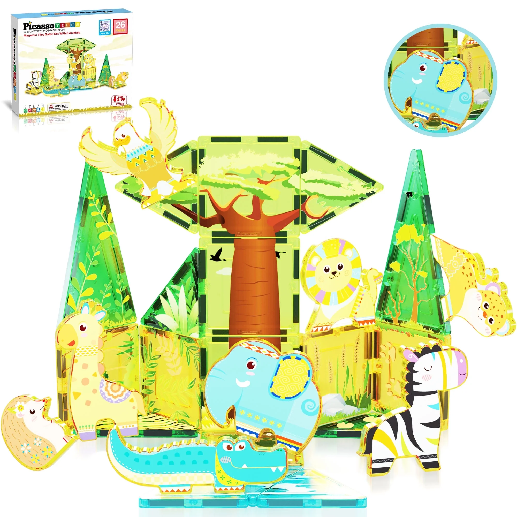 PicassoTiles 26 PC Safari Themed, Magnetic Tiles, Magnetic Building Blocks for Kids, Magnet for Kids 3+