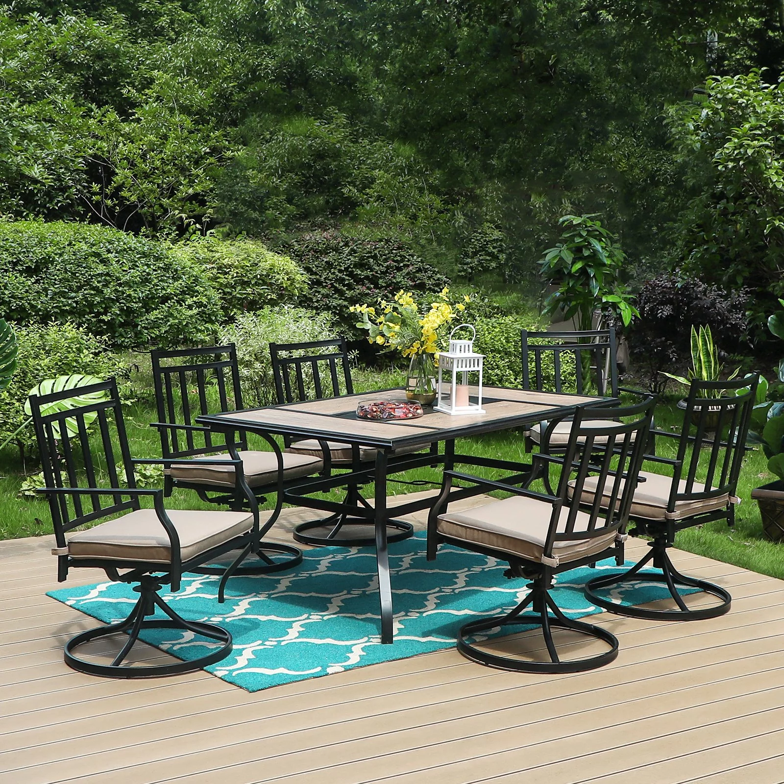 MF Studio 7 Pieces Patio Dining Set with 6 Pieces Swivel Dining Chairs and 1 Piece Rectangular Metal Table Suitable for 6 People, Beige Cushion, Type B